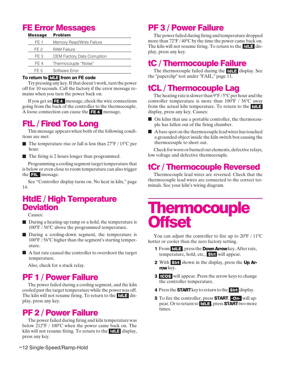 Thermocouple offset, Fe error messages, Ftl / fired too long | Htde / high temperature deviation, Pf 1 / power failure, Pf 2 / power failure, Pf 3 / power failure, Tc / thermocouple failure, Tcl / thermocouple lag, Tcr / thermocouple reversed | Sentry Industries Sentry Xpress 4.0 User Manual | Page 12 / 16