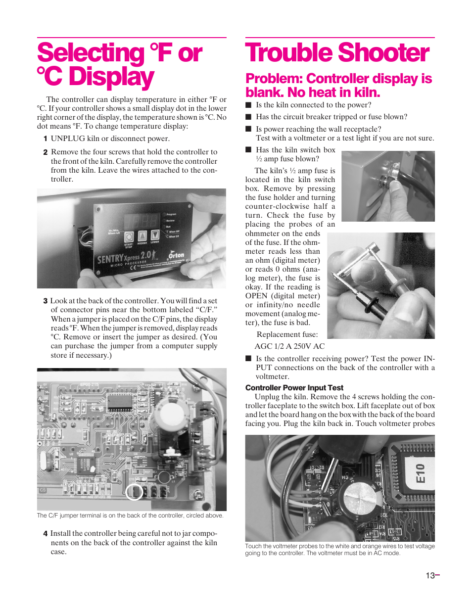 Selecting °f / °c display, Trouble shooter, Selecting °f or °c display | Sentry Industries Sentry Xpress 4.0 User Manual | Page 13 / 16