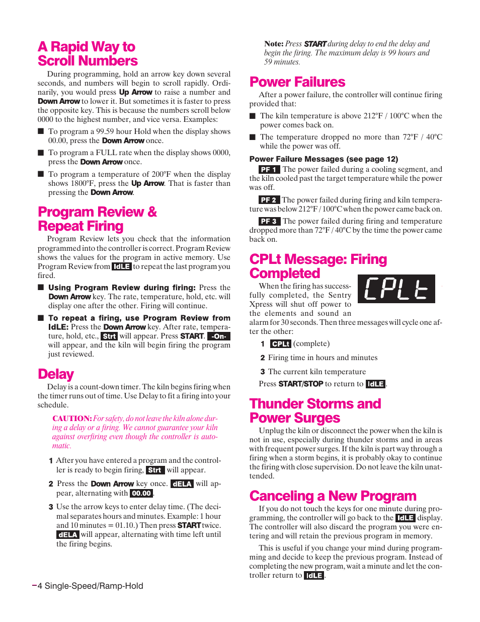 Power failures, Cplt message: firing completed, Thunder storms and power surges | Canceling a new program, A rapid way to scroll numbers, Program review & repeat firing, Delay | Sentry Industries Sentry Xpress 4.0 User Manual | Page 4 / 16