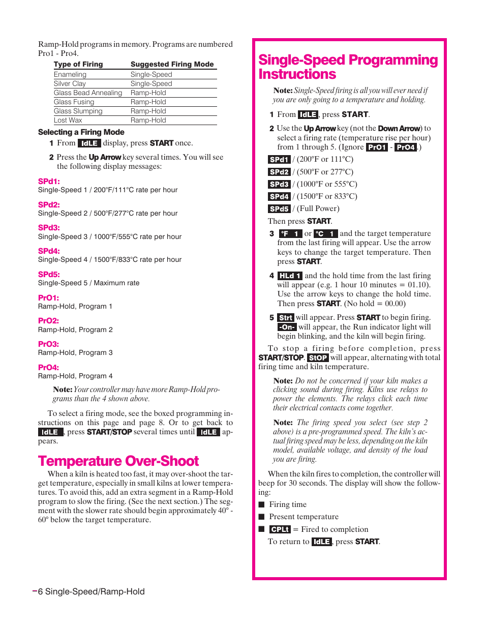 Single-speed programming, Temperature over-shoot, Single-speed programming instructions | Sentry Industries Sentry Xpress 4.0 User Manual | Page 6 / 16