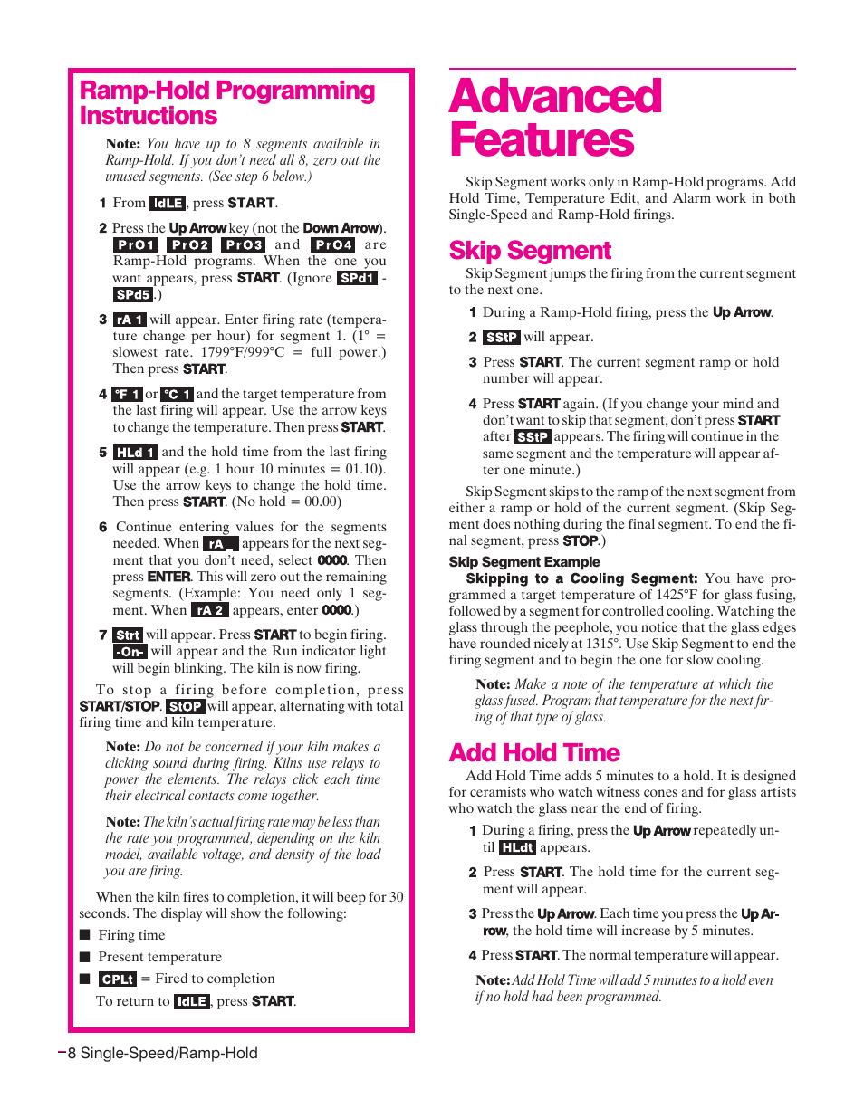 Advanced features, Skip segment, Add hold time | Ramp-hold programming instructions | Sentry Industries Sentry Xpress 4.0 User Manual | Page 8 / 16
