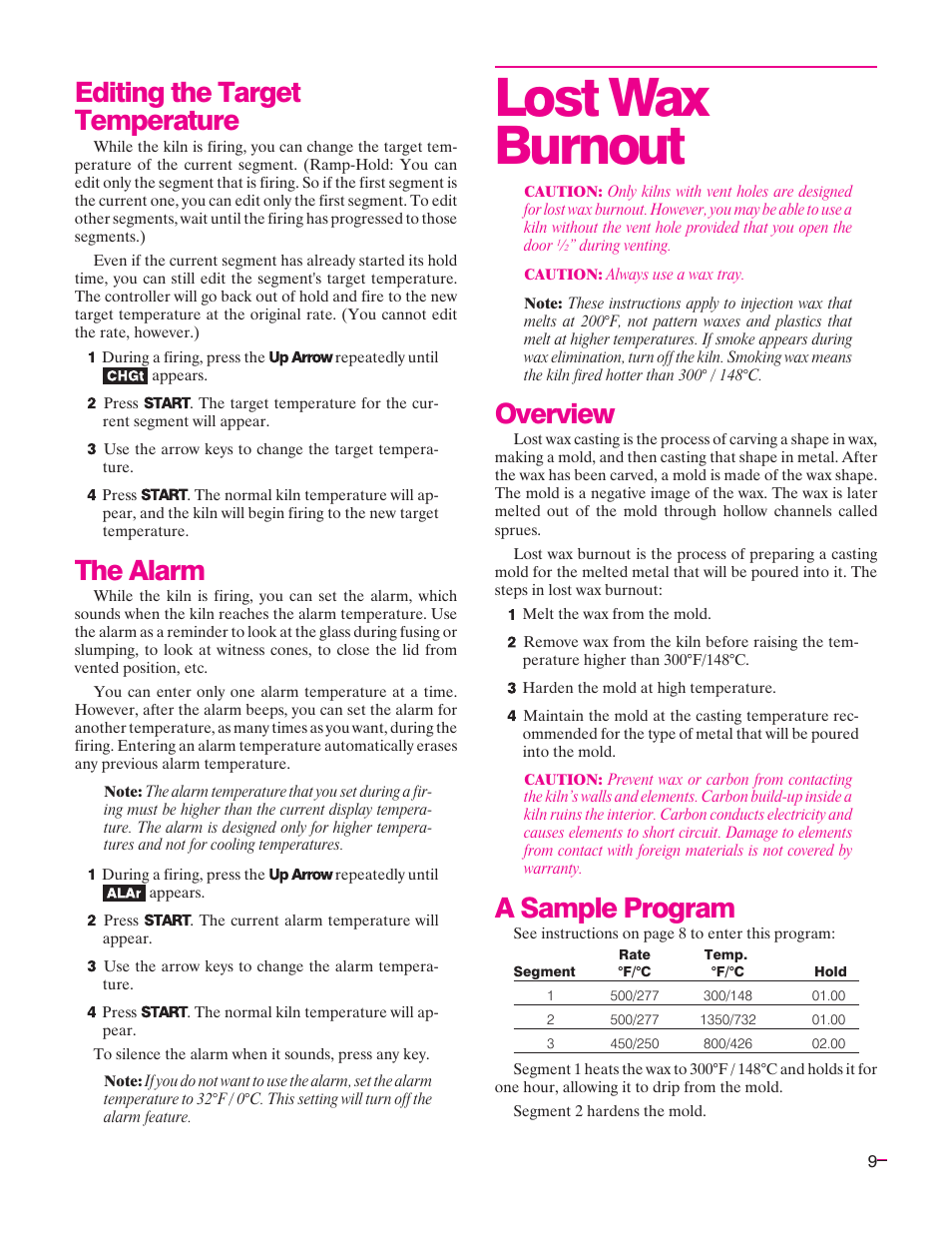 Low wax burnout, Lost wax burnout, Overview | A sample program, Editing the target temperature, The alarm | Sentry Industries Sentry Xpress 4.0 User Manual | Page 9 / 16