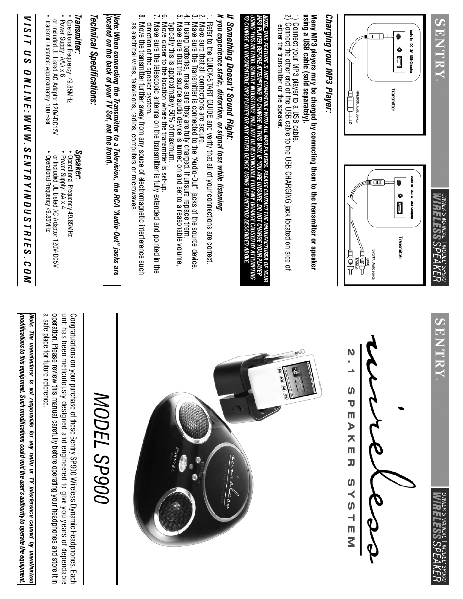 Sp900_instructions, Model sp900, Char ging your mp3 player | Sentry Industries WIRELESS 2.1 SP900 User Manual | Page 2 / 4