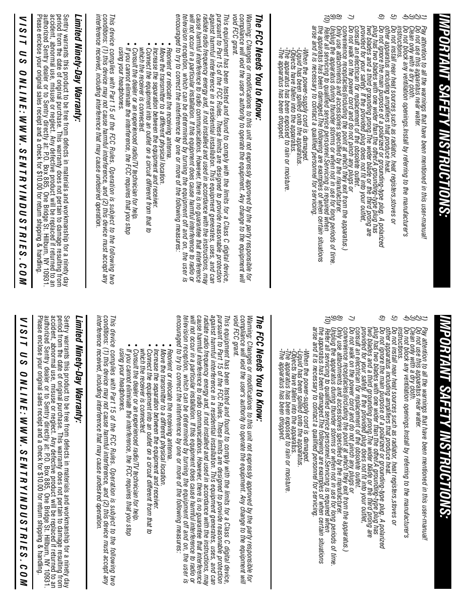 Sp900_fcc_info, Import ant safety instructions | Sentry Industries WIRELESS 2.1 SP900 User Manual | Page 4 / 4