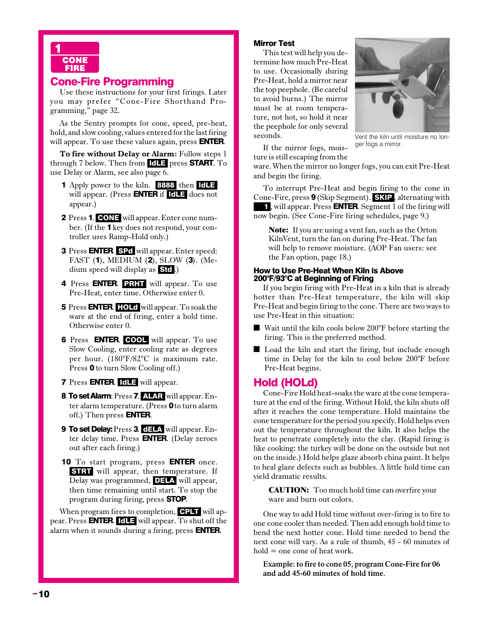 Hold (hold), Cone-fire programming | Sentry Industries Sentry 2.0 User Manual | Page 10 / 32