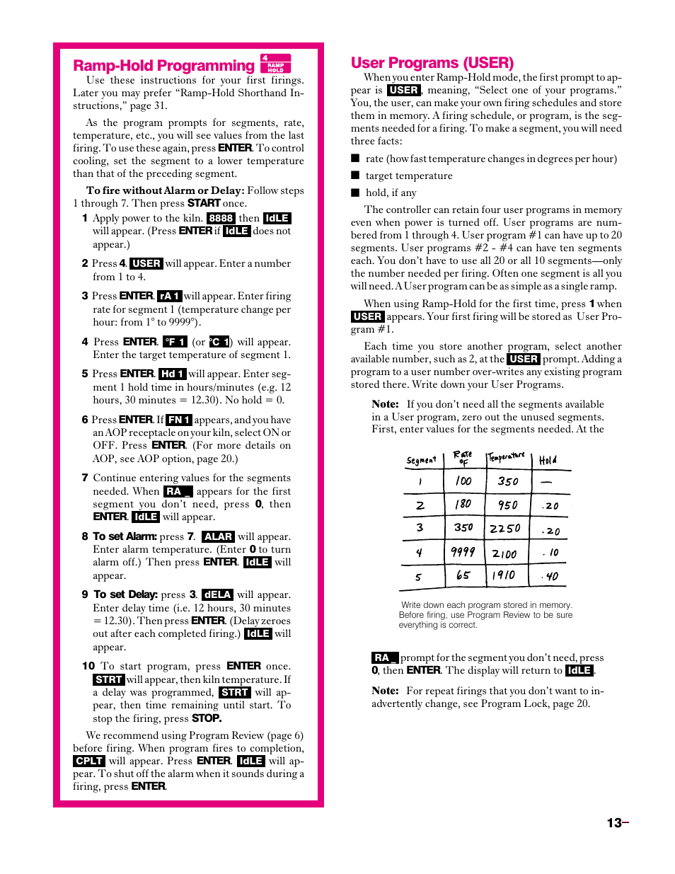 Ramp-hold programming, User programs (user) | Sentry Industries Sentry 2.0 User Manual | Page 13 / 32