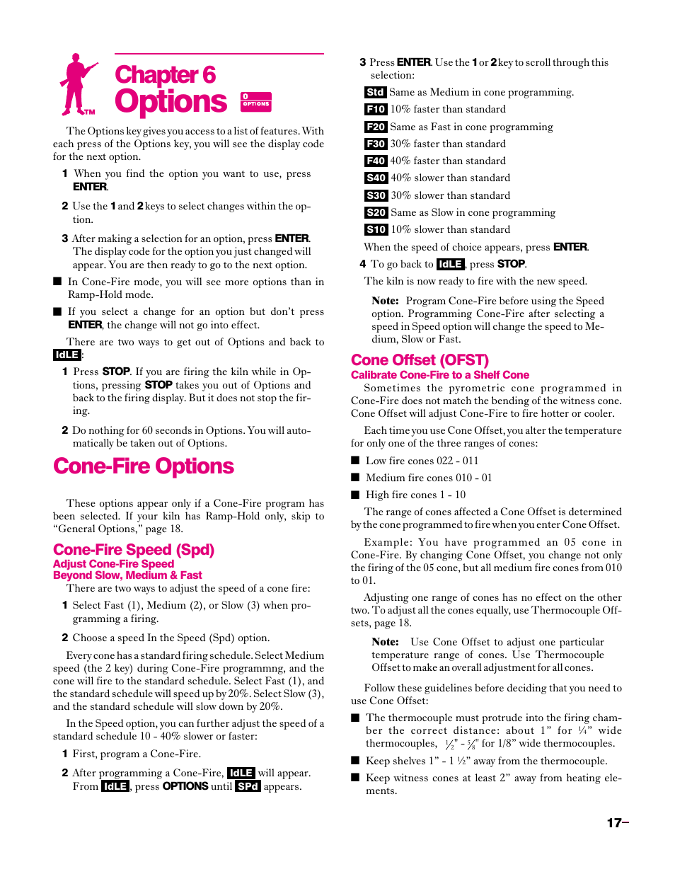Options: cone-fire, Cone-fire speed (spd), Cone offset (ofst) | Options, Chapter 6, Cone-fire options | Sentry Industries Sentry 2.0 User Manual | Page 17 / 32