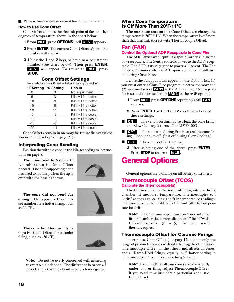 Interpreting cone bending, When cone temperature, Is off more than 20°f/11°c | Fan (fan), Options: general, Thermocouple offset for, Ceramic firings, General options, Thermocouple offset (tcos) | Sentry Industries Sentry 2.0 User Manual | Page 18 / 32