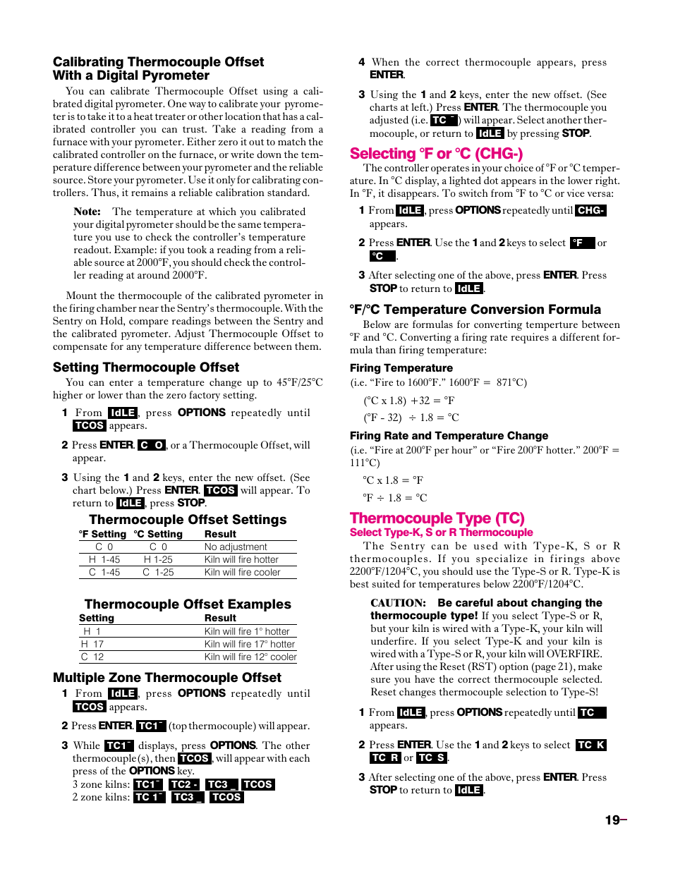 Calibrating thermocouple offset, With a digital pyrometer, Setting thermocouple offset | Multiple zone, Thermocouple offset, Selecting °f or °c (chg-), F/°c temperature, Conversion formula, Thermocouple type (tc) | Sentry Industries Sentry 2.0 User Manual | Page 19 / 32
