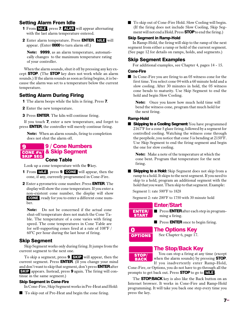 9 / cone numbers & skip segment . 7, Enter/start, The options key | The stop/back key, 9 / cone numbers & skip segment | Sentry Industries Sentry 2.0 User Manual | Page 7 / 32