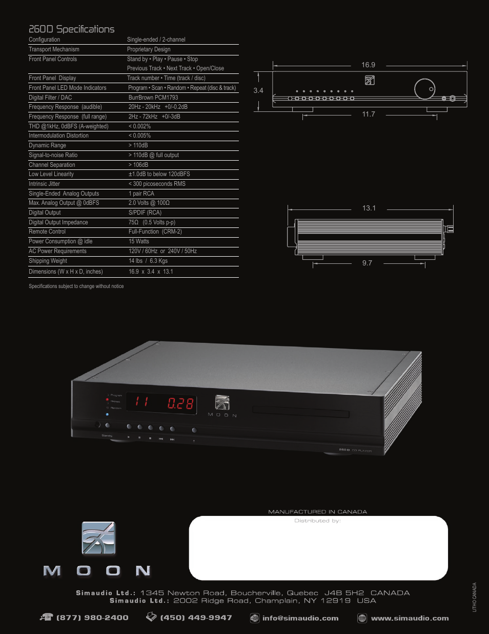 260d specifications | Simaudio MOON 260D User Manual | Page 4 / 4