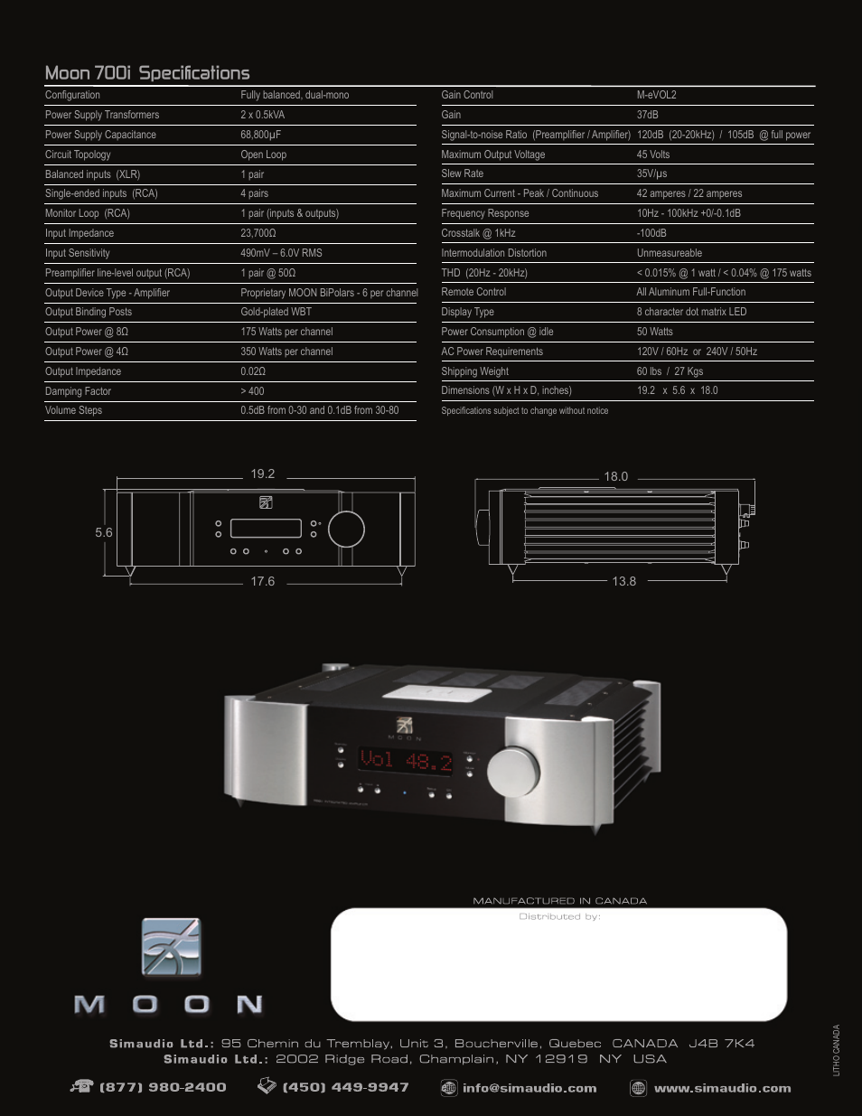 Moon 700i specifications | Simaudio MOON 700I User Manual | Page 4 / 4