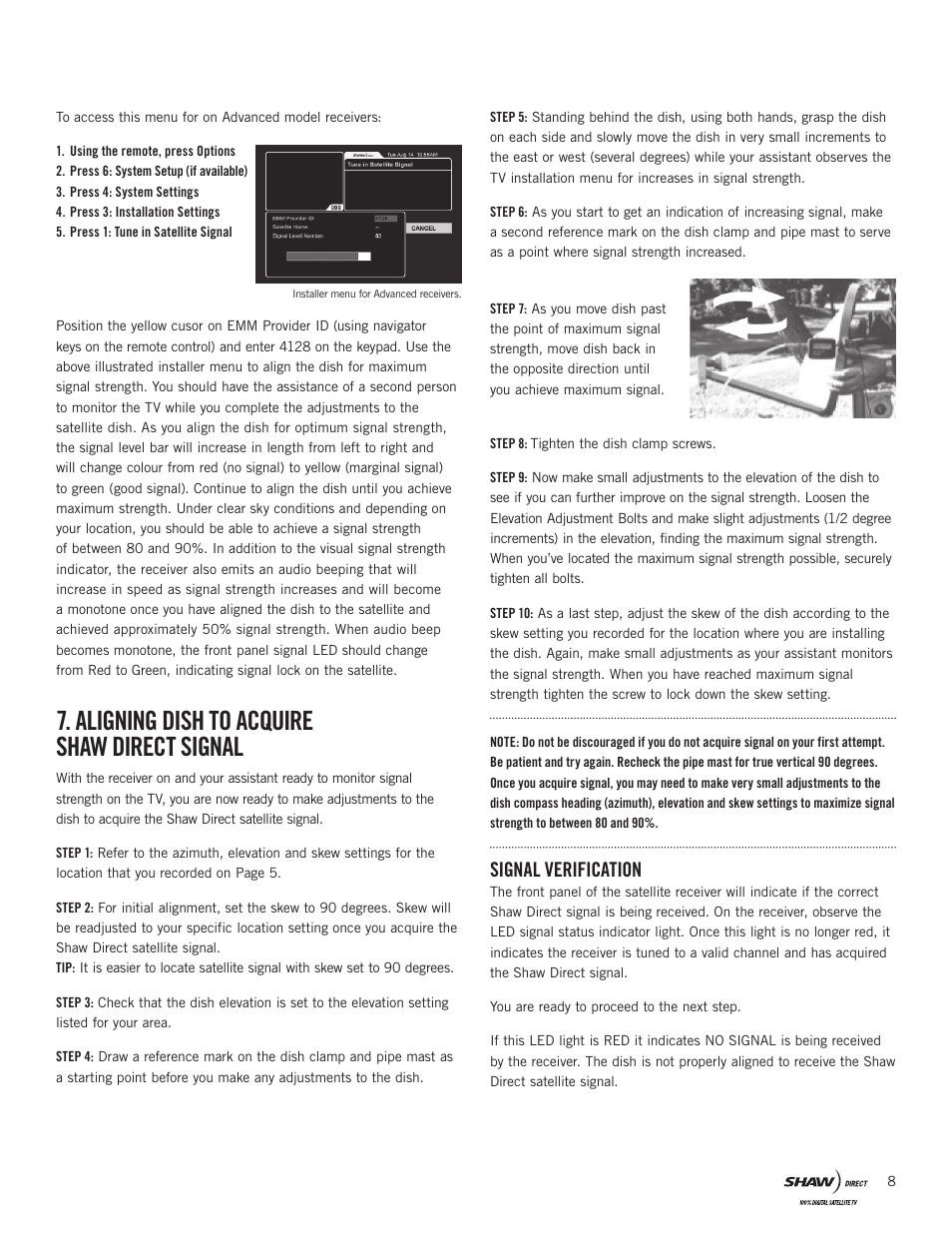 Aligning dish to acquire shaw direct signal, Signal verification | Shaw SAC-00-094 User Manual | Page 8 / 14
