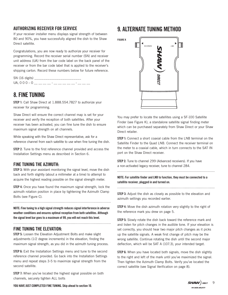 Fine tuning, Alternate tuning method, Authorizing receiver for service | Fine tuning the azimuth, Fine tuning the elevation | Shaw SAC-00-094 User Manual | Page 9 / 14