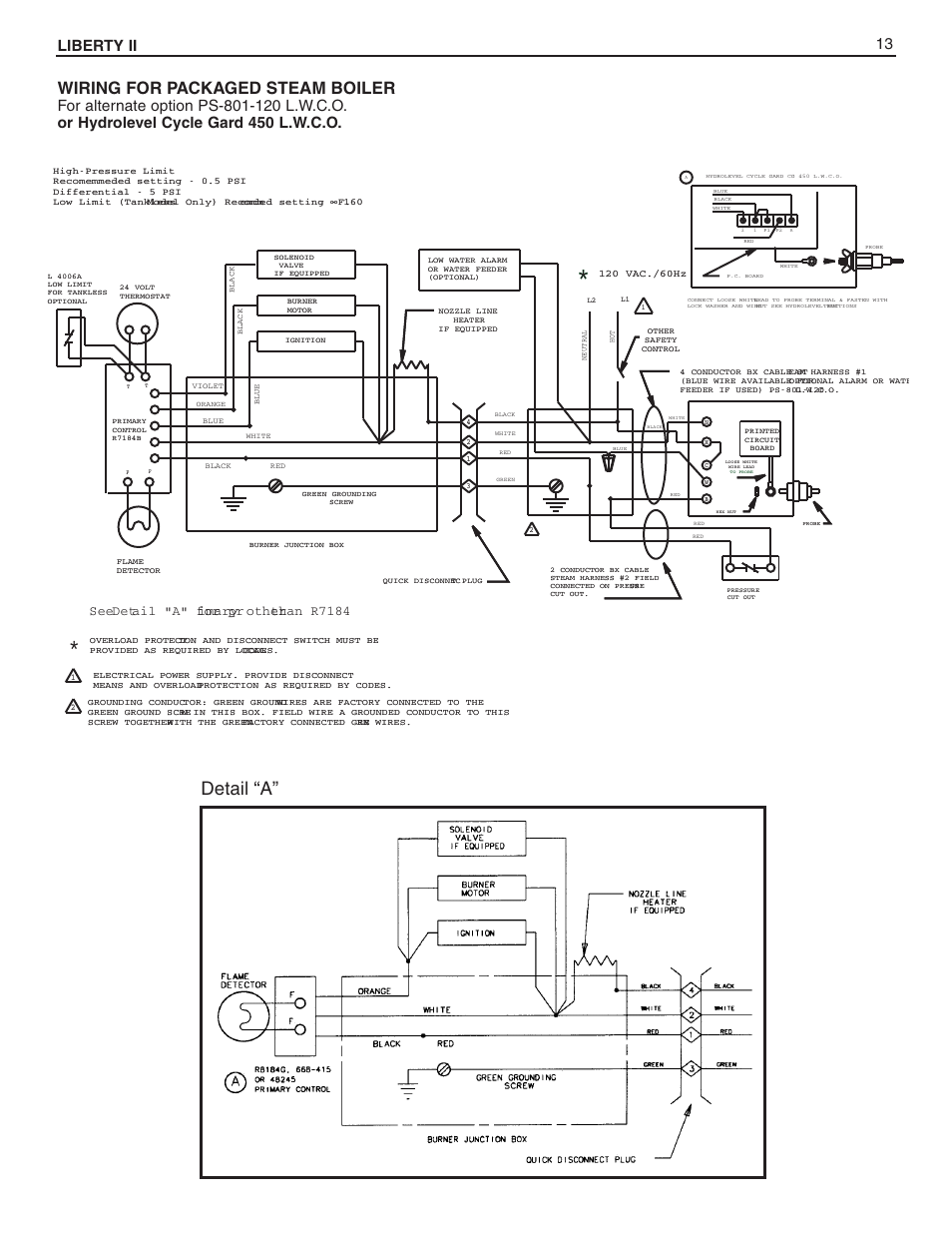 Detail “a, Wiring for packaged steam boiler, Liberty ii 13 | Cd e revision, Seedetail "a" for pr imary other than r7184 | Slant/Fin BOILERS User Manual | Page 13 / 20