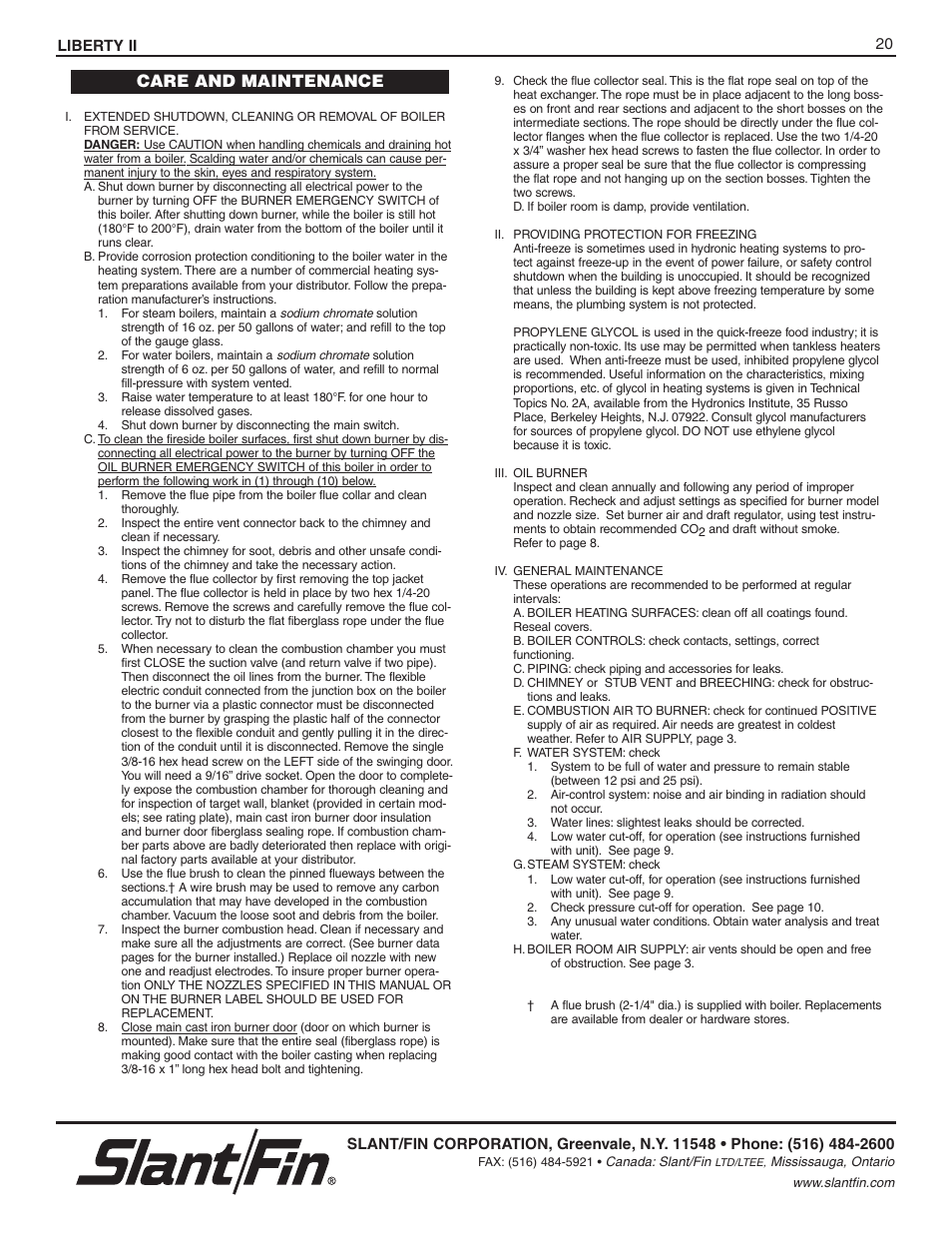 Care and maintenance | Slant/Fin BOILERS User Manual | Page 20 / 20