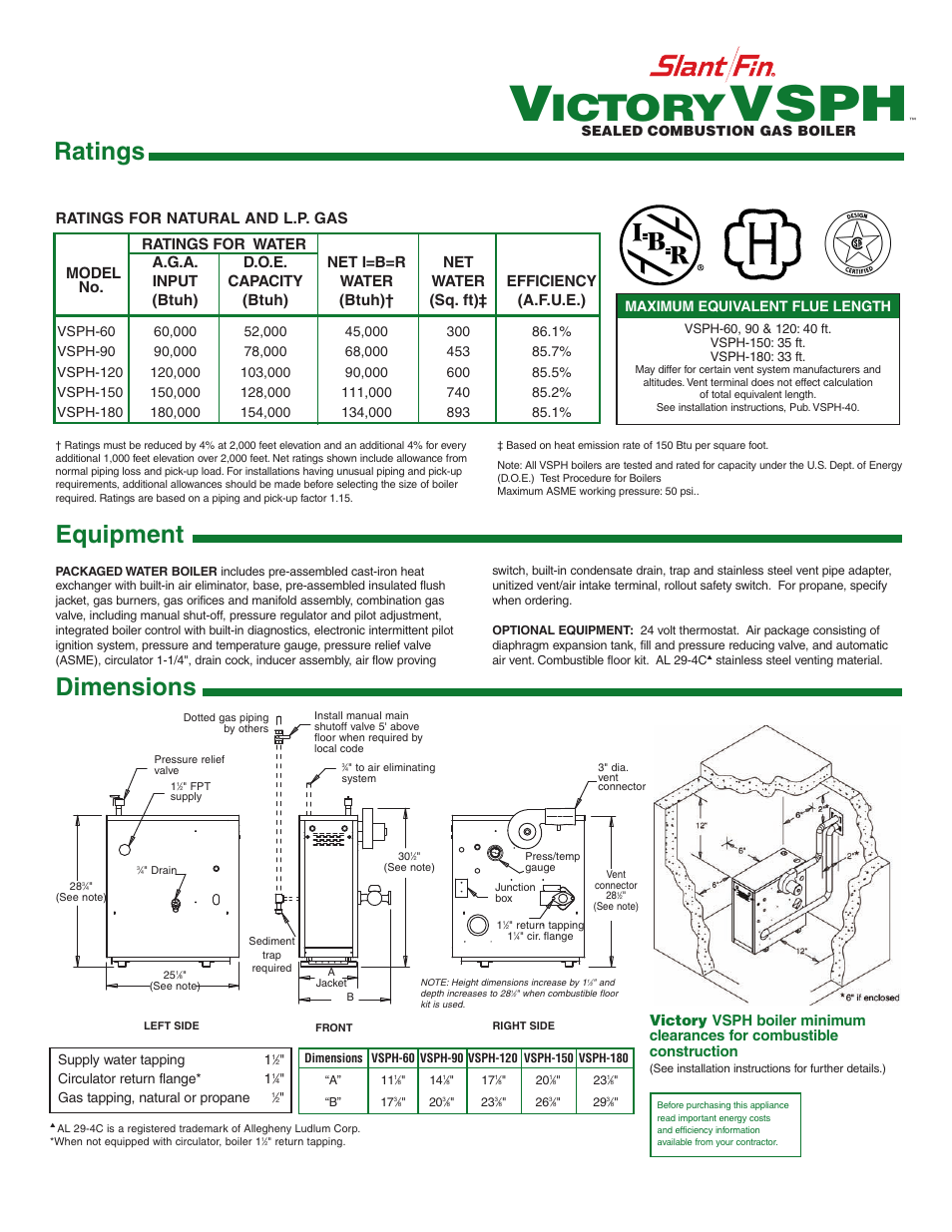 Vsph, Ictory, Equipment dimensions ratings | Ratings for natural and l.p. gas | Slant/Fin VSPH-120 User Manual | Page 7 / 8