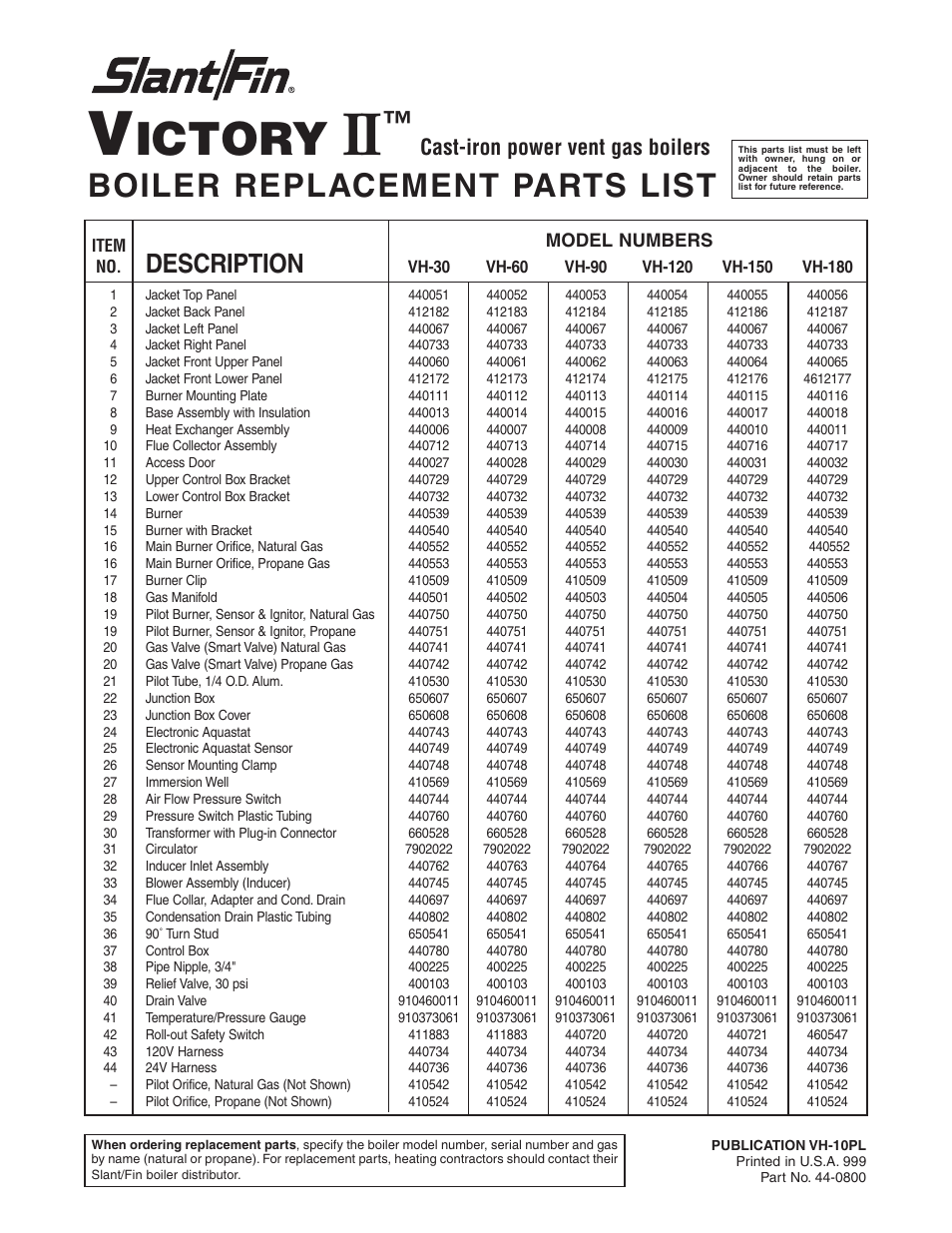 Slant/Fin VH-30 User Manual | 2 pages