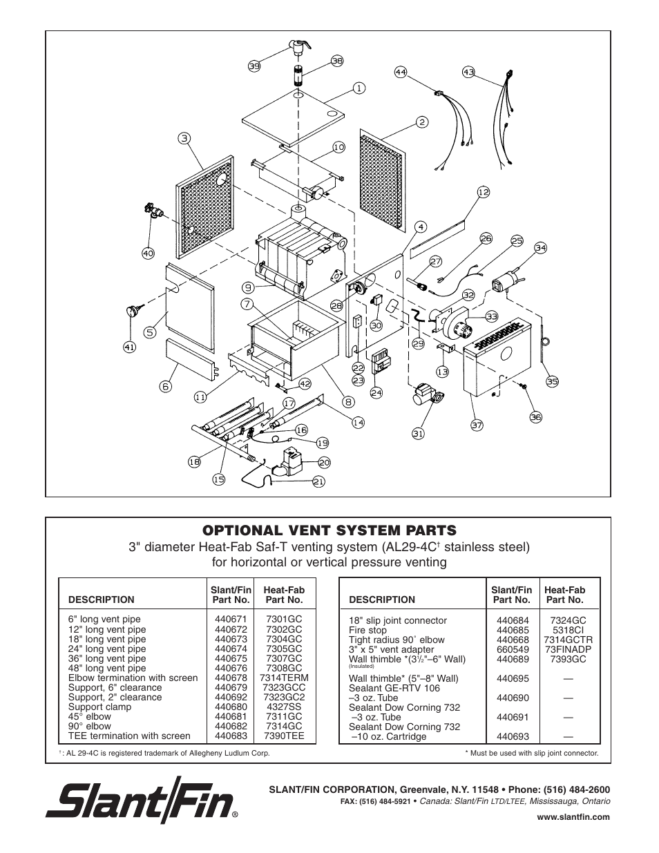 Optional vent system parts, 3" diameter heat-fab saf-t venting system (al29-4c | Slant/Fin VH-30 User Manual | Page 2 / 2