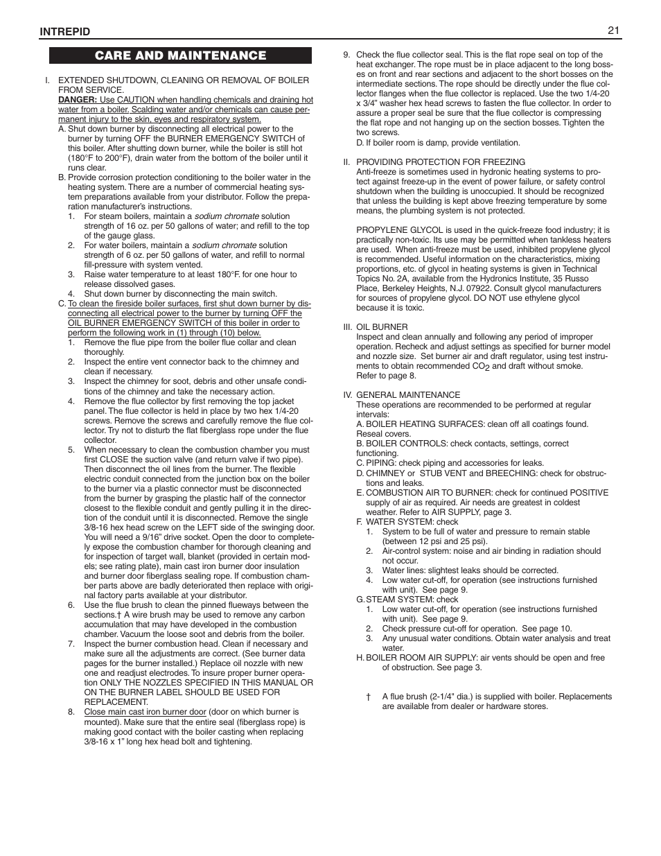 Care and maintenance | Slant/Fin INTREPID Oil-fired Boiler User Manual | Page 21 / 24