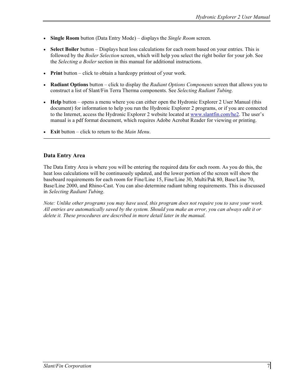 Data entry area | Slant/Fin Hydronic Explorer 2 User Manual | Page 11 / 41