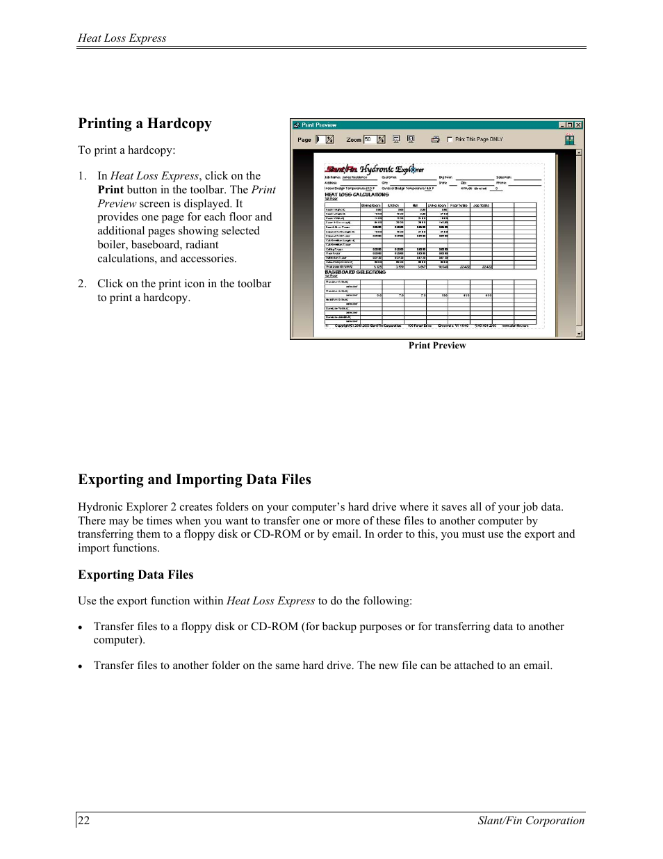 Rinting a, Ardcopy, Xporting and | Mporting, Iles, Exporting data files | Slant/Fin Hydronic Explorer 2 User Manual | Page 26 / 41