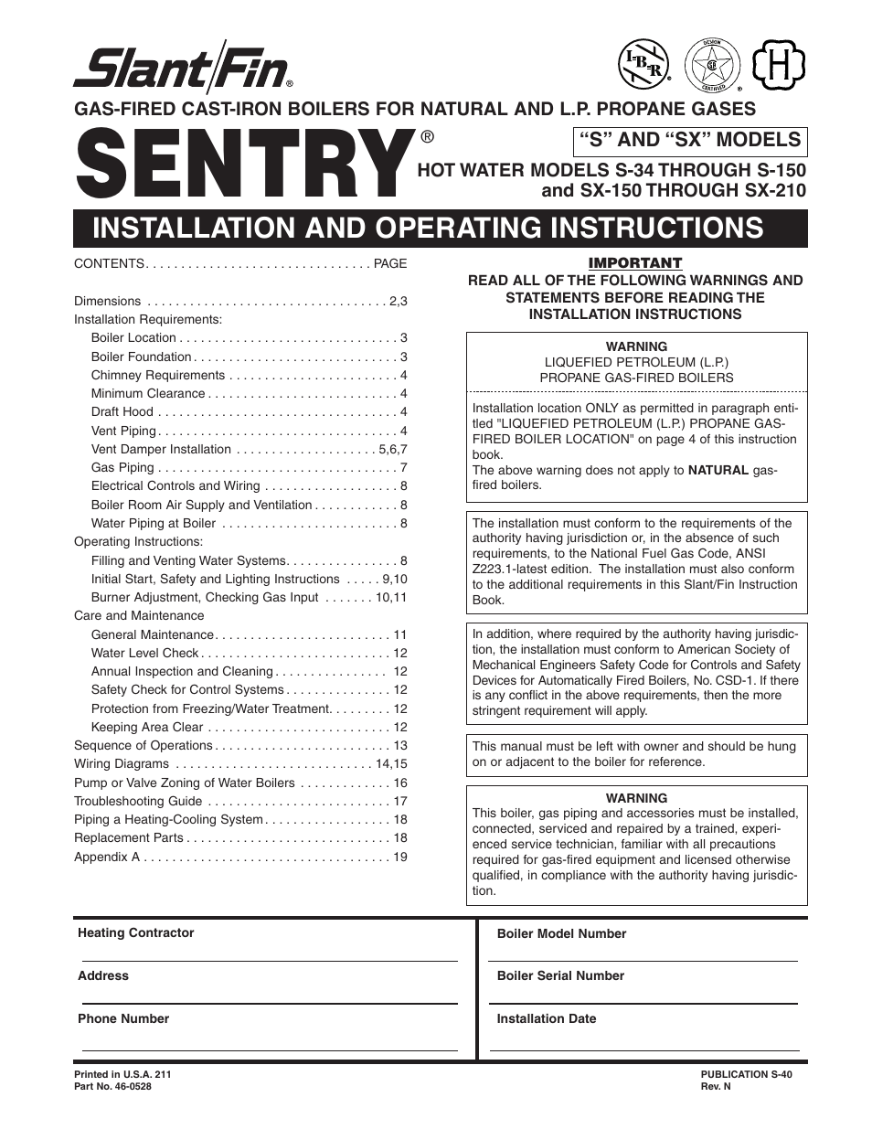 Slant/Fin SENTRY SX-210 User Manual | 20 pages