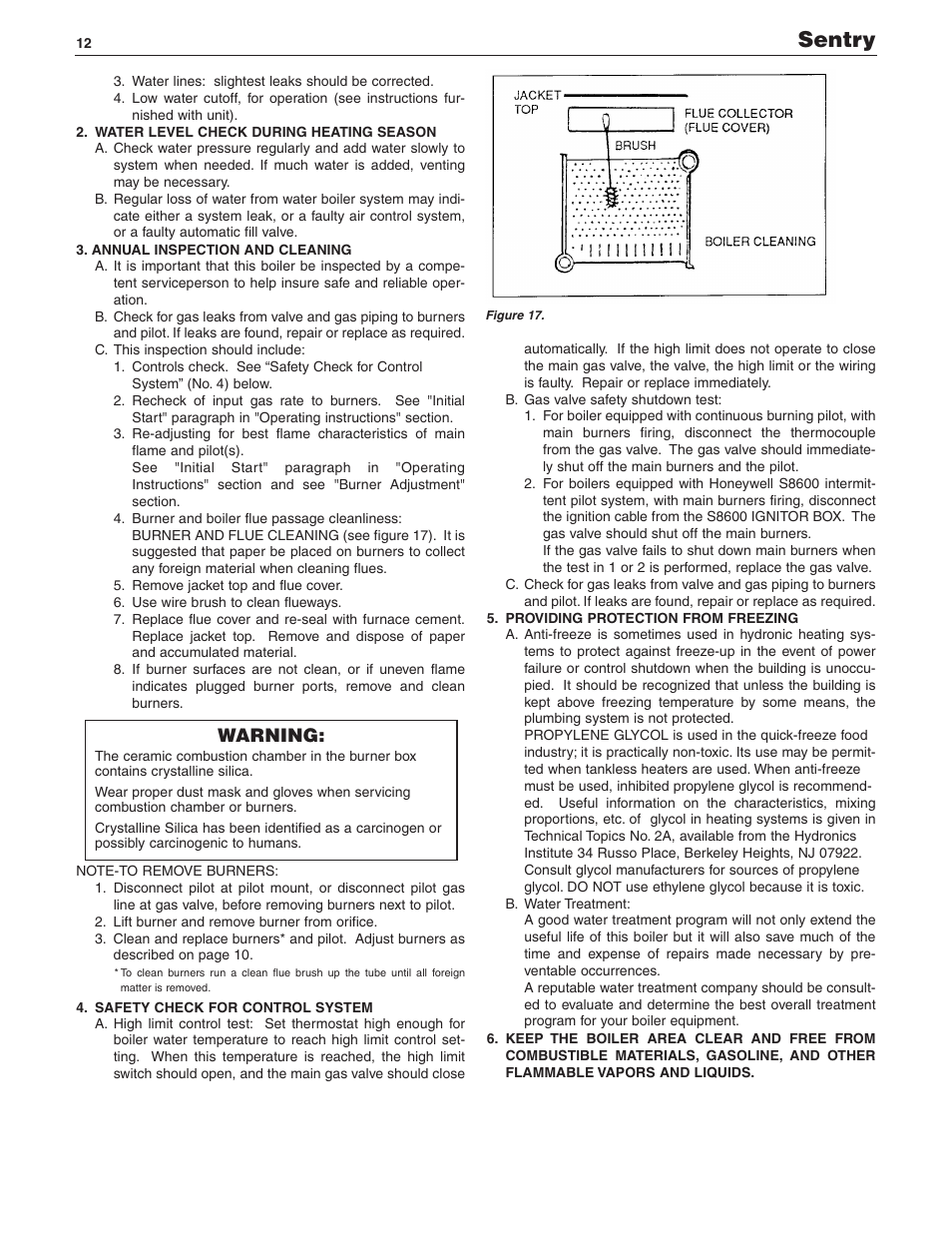 Sentry, Warning | Slant/Fin SENTRY SX-210 User Manual | Page 12 / 20