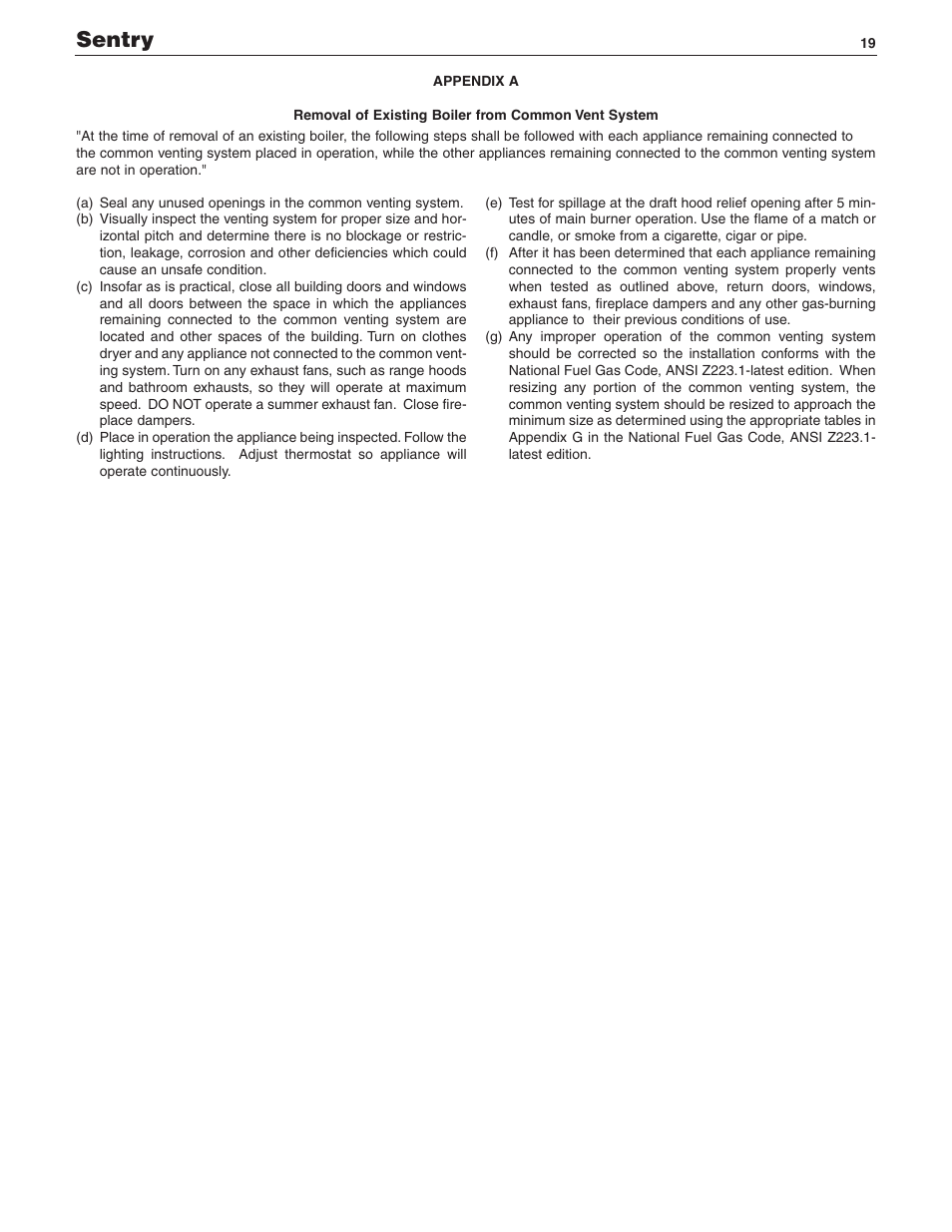 Sentry | Slant/Fin SENTRY SX-210 User Manual | Page 19 / 20