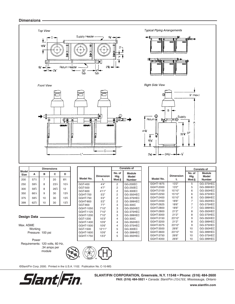 Dimensions, Design data | Slant/Fin GGT Series User Manual | Page 2 / 2