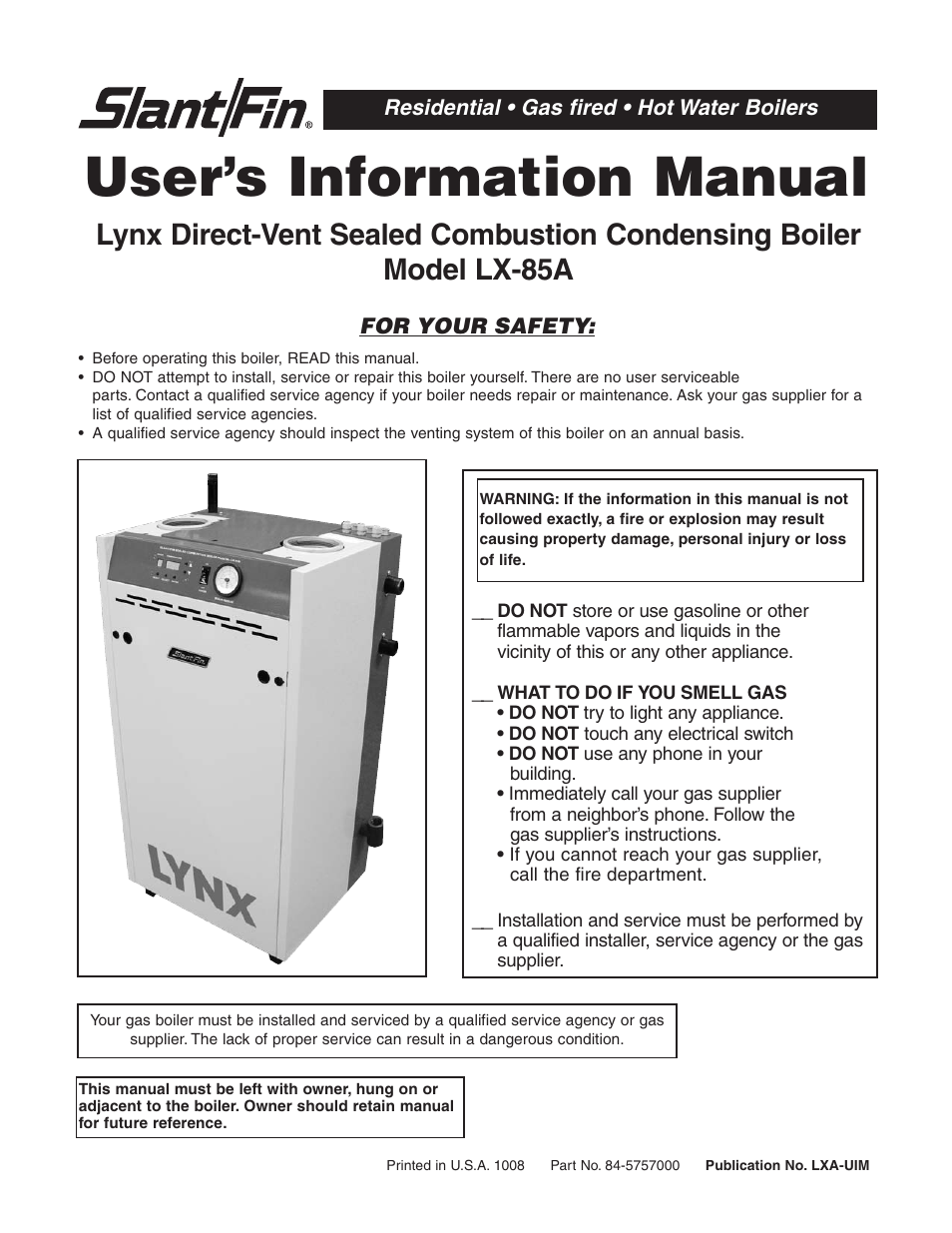 Slant/Fin Lynx LX-85A User Manual | 12 pages