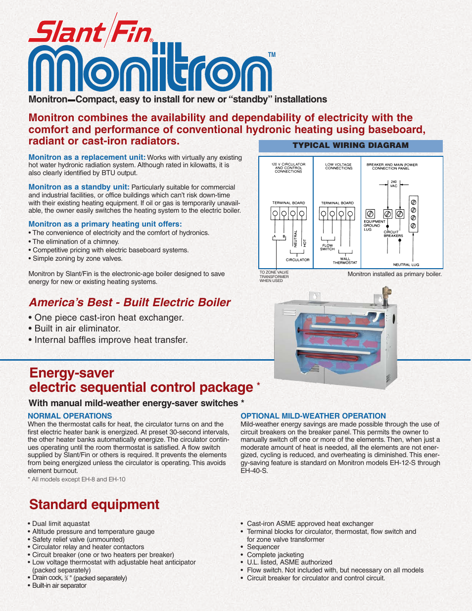Energy-saver electric sequential control package, Standard equipment, America’s best - built electric boiler | Slant/Fin Monitron EH Boilers User Manual | Page 2 / 4