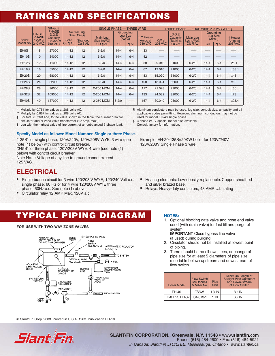 Ratings and specifications typical piping diagram, Electrical | Slant/Fin Monitron EH Boilers User Manual | Page 4 / 4