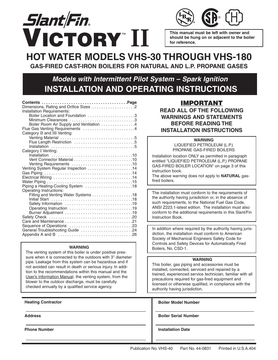 Slant/Fin VHS-180 User Manual | 27 pages