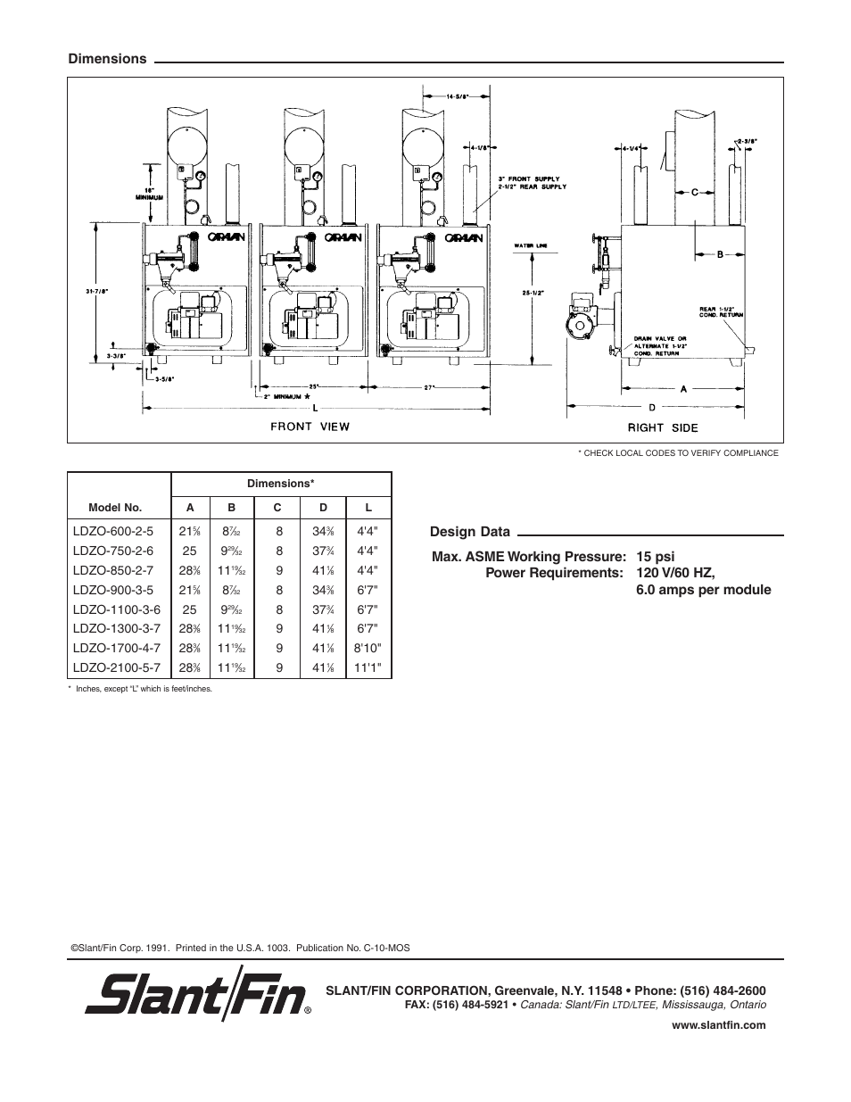 Dimensions design data | Slant/Fin LDZO Series User Manual | Page 2 / 2
