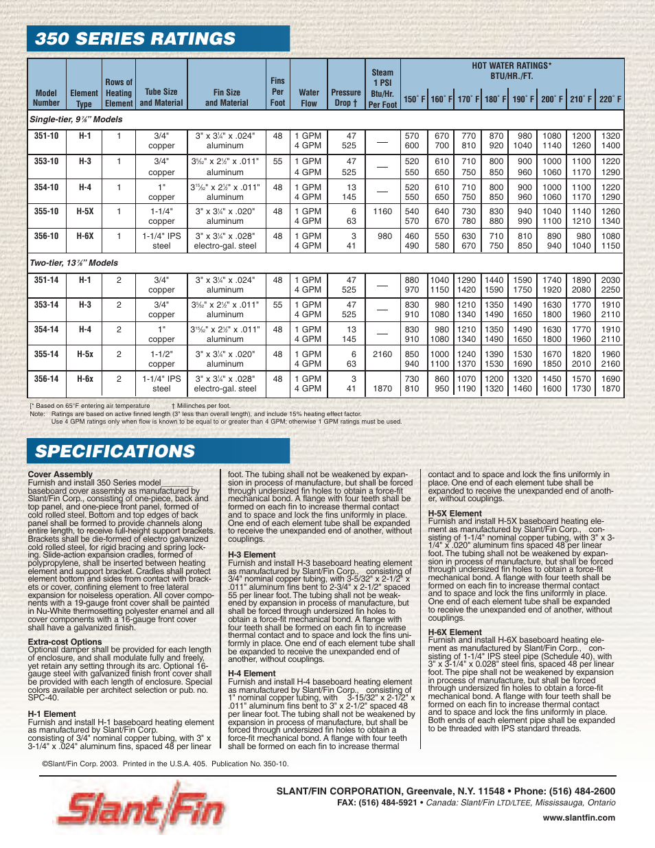 350 series ratings specifications | Slant/Fin 350 Series User Manual | Page 4 / 4