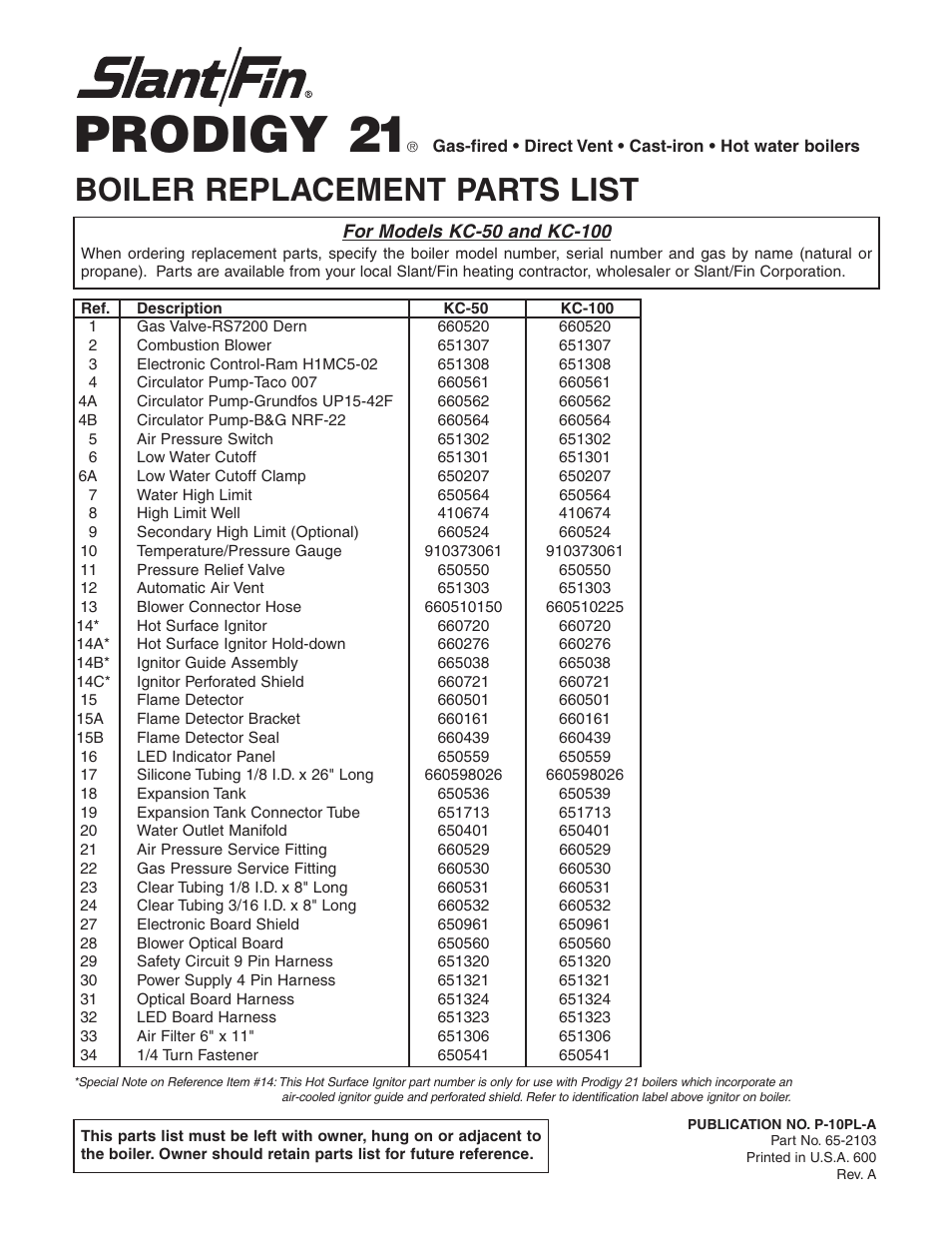 Slant/Fin KC-100 User Manual | 4 pages