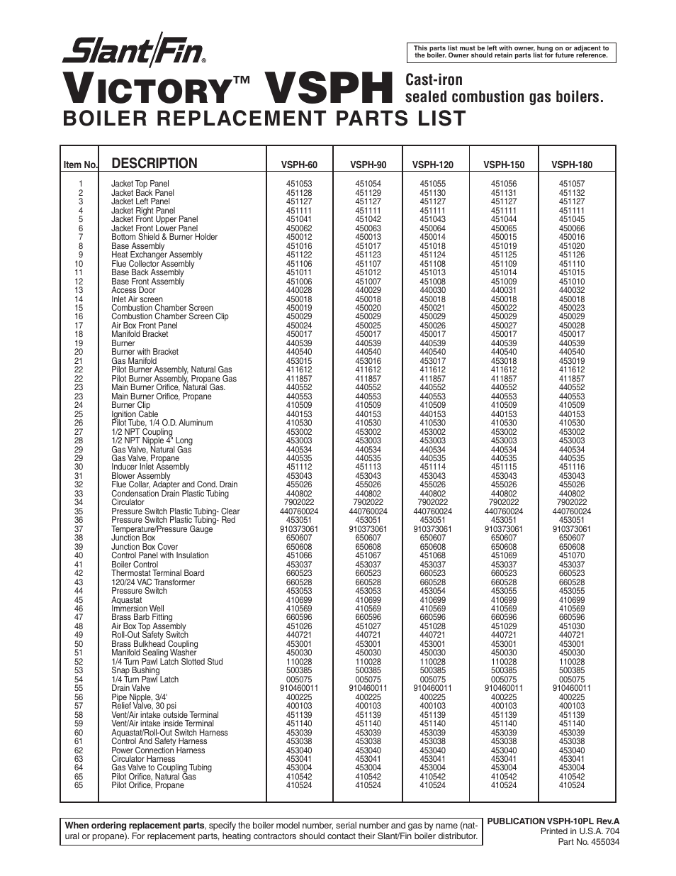 Slant/Fin VSPH-180 User Manual | 2 pages