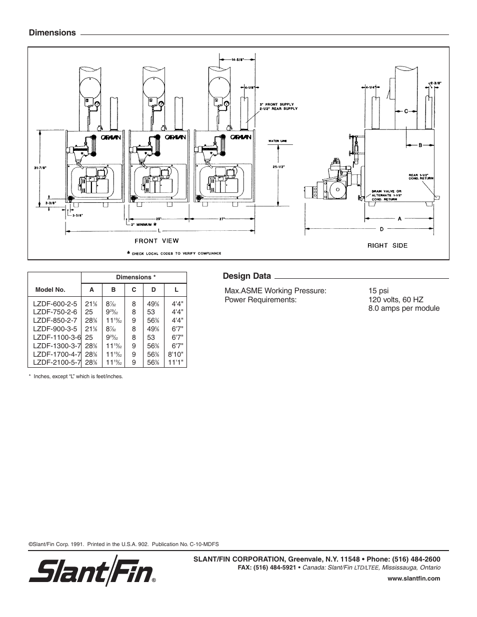 Dimensions design data | Slant/Fin Caravan LZDF series User Manual | Page 2 / 2