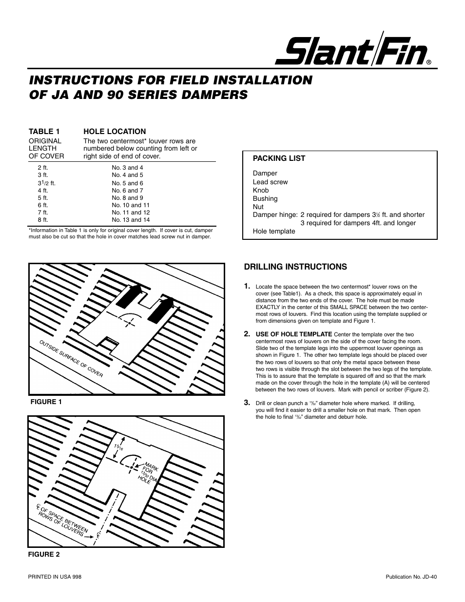 Slant/Fin Damper JA User Manual | 2 pages
