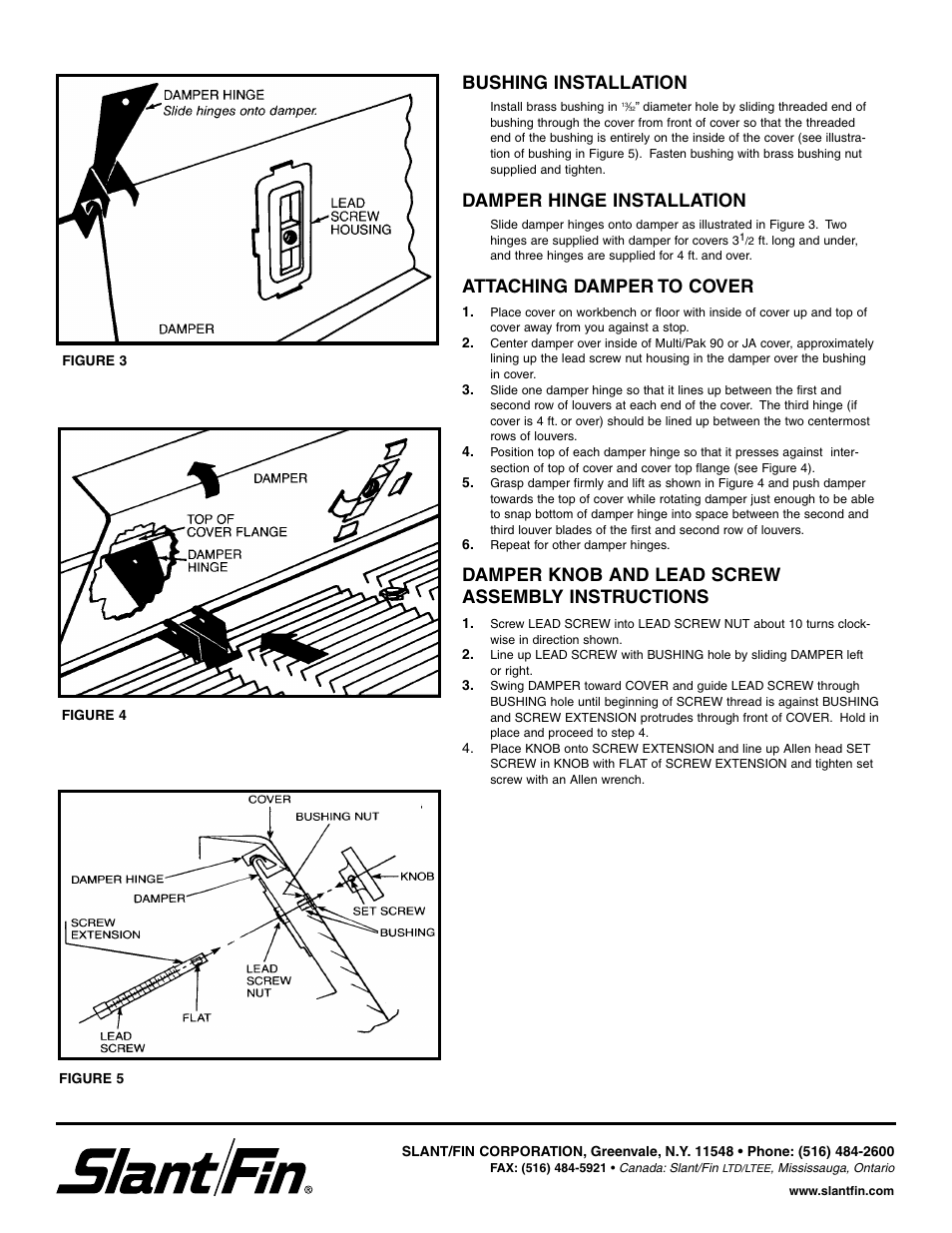 Bushing installation, Damper hinge installation, Attaching damper to cover | Damper knob and lead screw assembly instructions | Slant/Fin Damper JA User Manual | Page 2 / 2