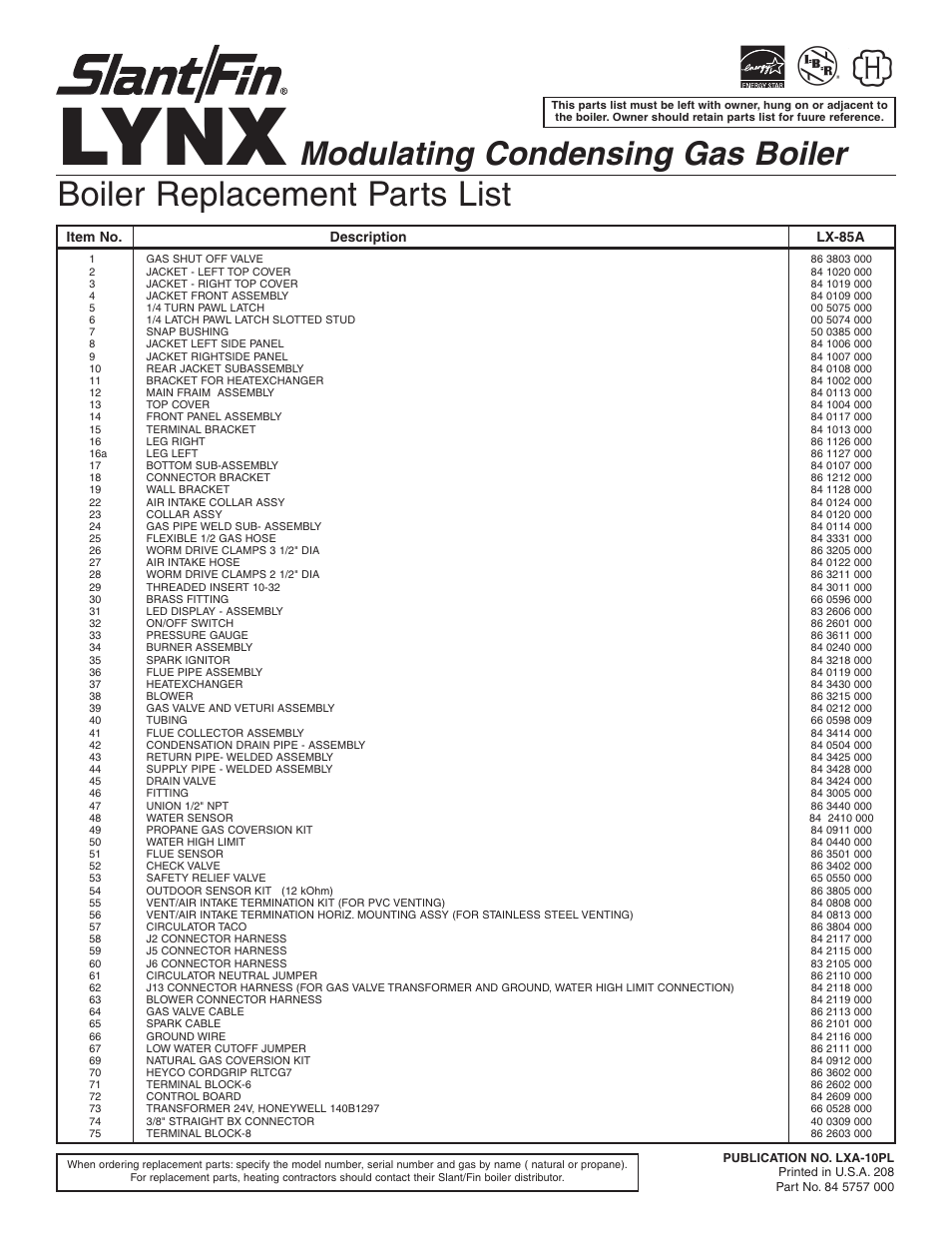 Slant/Fin LX-85A User Manual | 2 pages