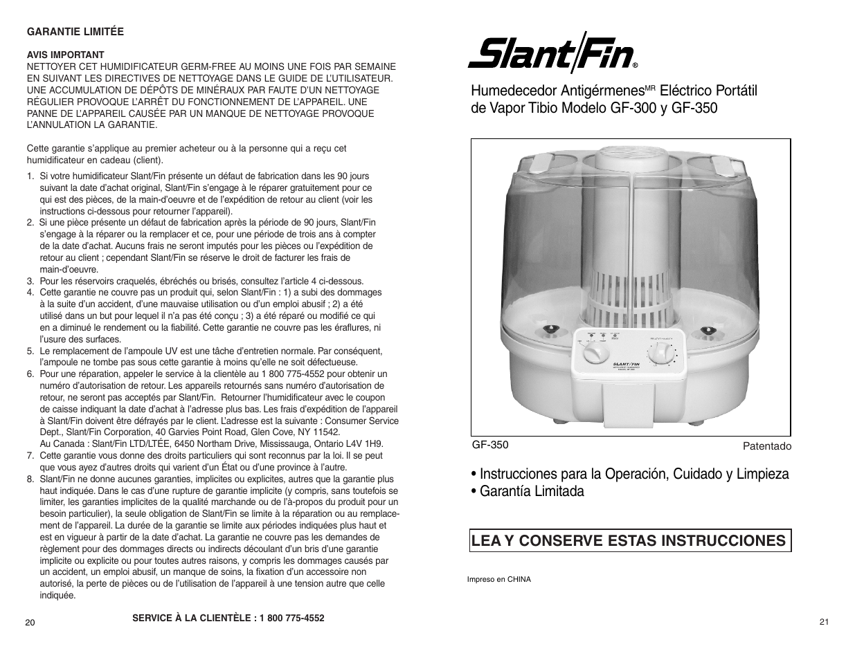 Lea y conserve estas instrucciones, Humedecedor antigérmenes | Slant/Fin GF-350 User Manual | Page 11 / 16