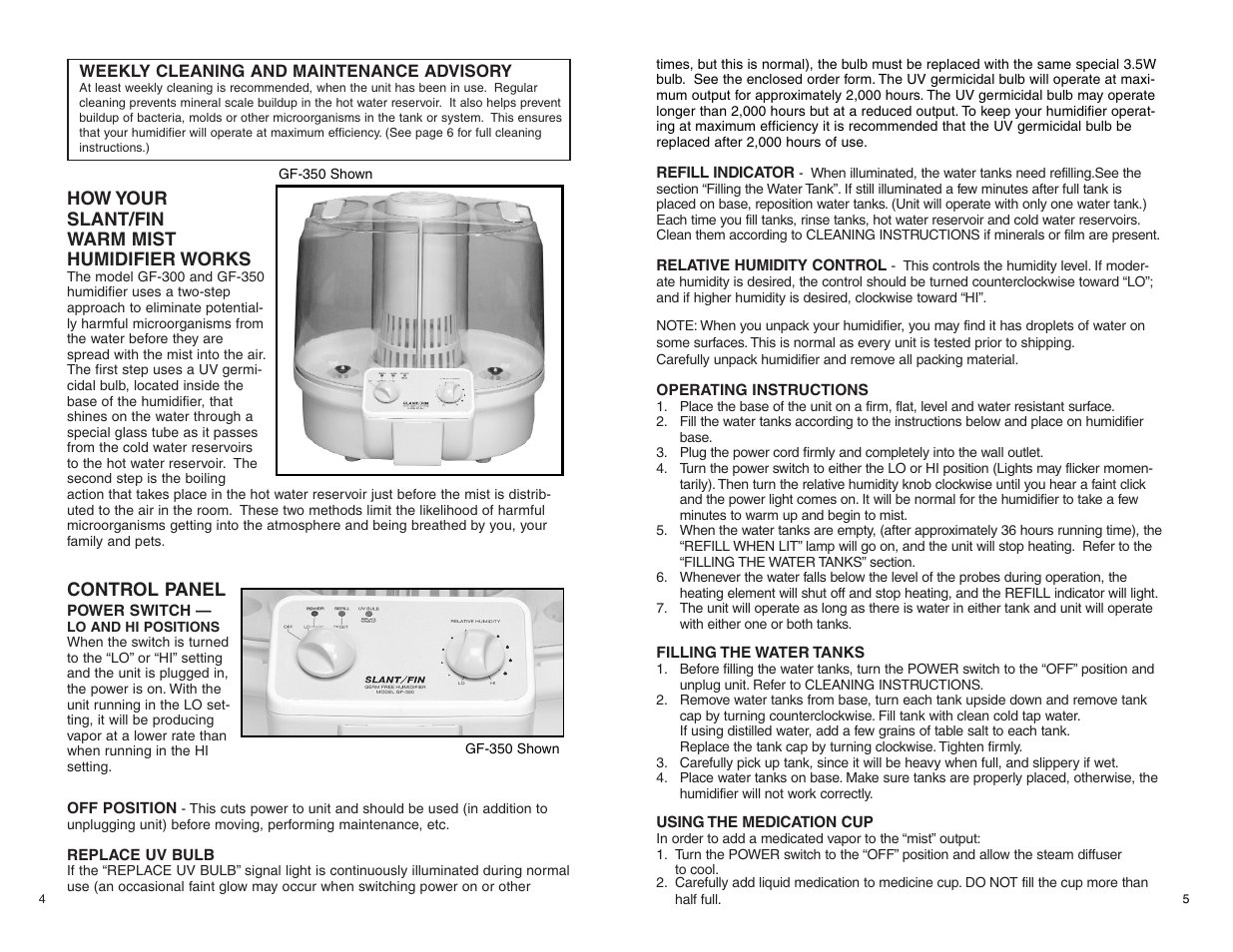 How your slant/fin warm mist humidifier works, Control panel | Slant/Fin GF-350 User Manual | Page 3 / 16
