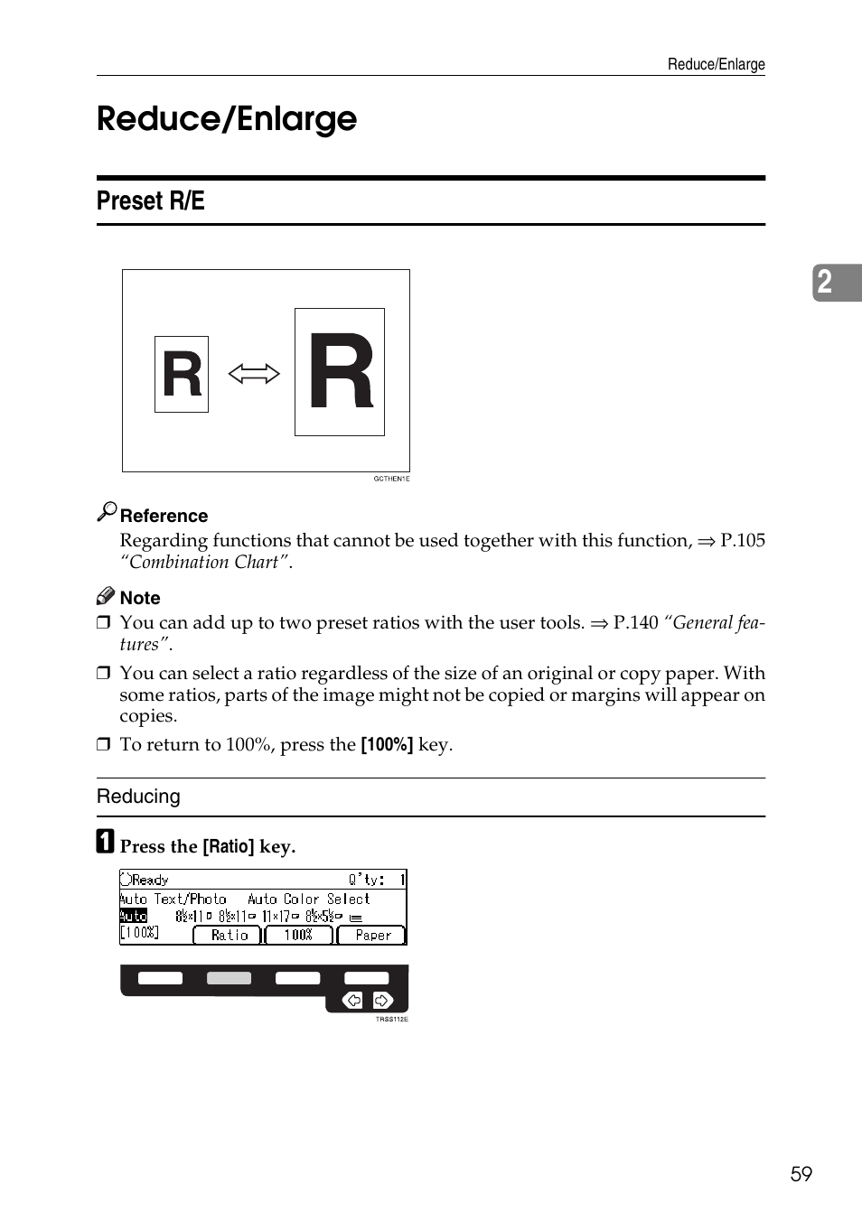 2reduce/enlarge, Preset r/e | Savin C4535 User Manual | Page 70 / 107