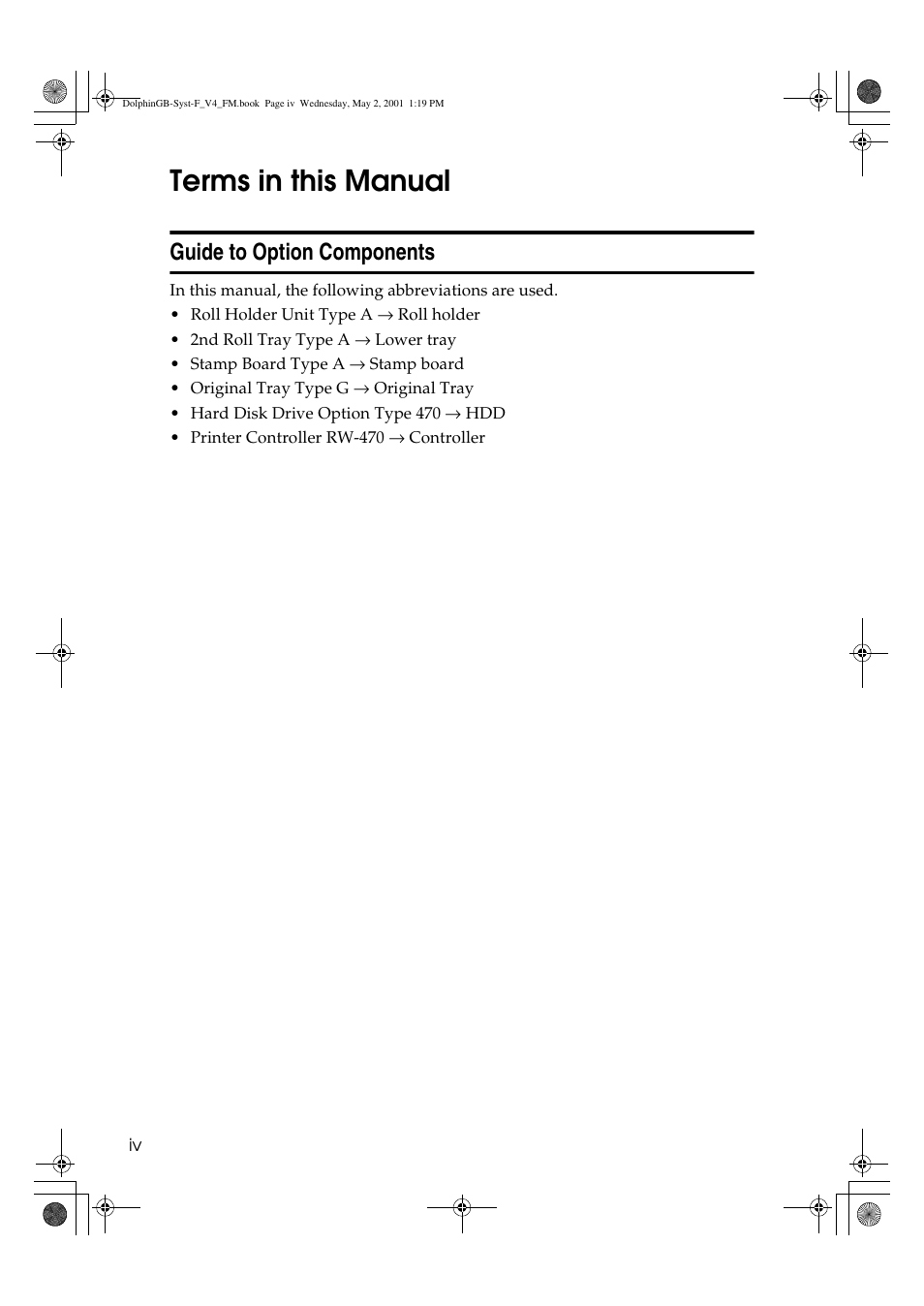 Terms in this manual, Guide to option components | Savin 4700WD User Manual | Page 10 / 42