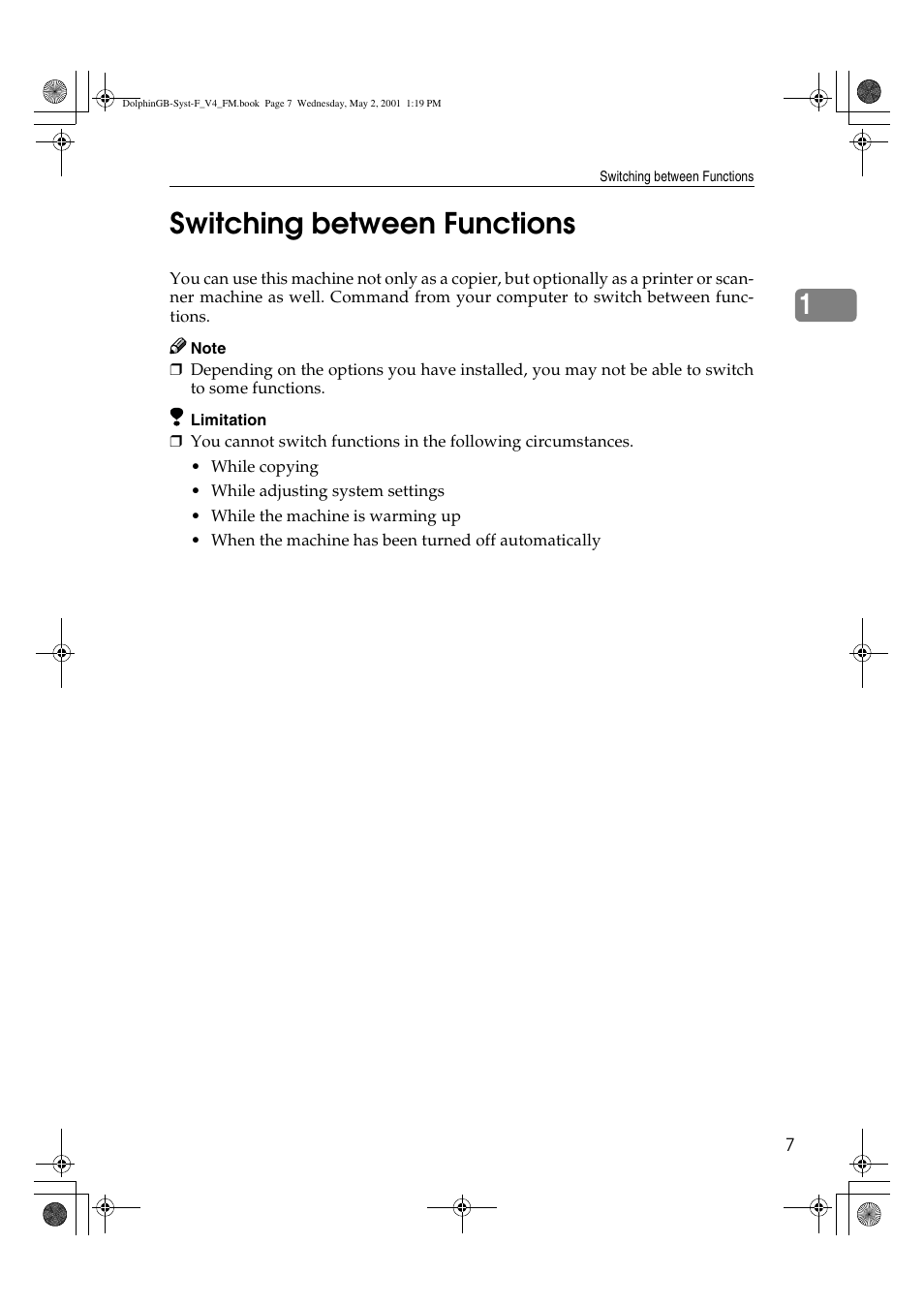 Switching between functions, 1switching between functions | Savin 4700WD User Manual | Page 19 / 42