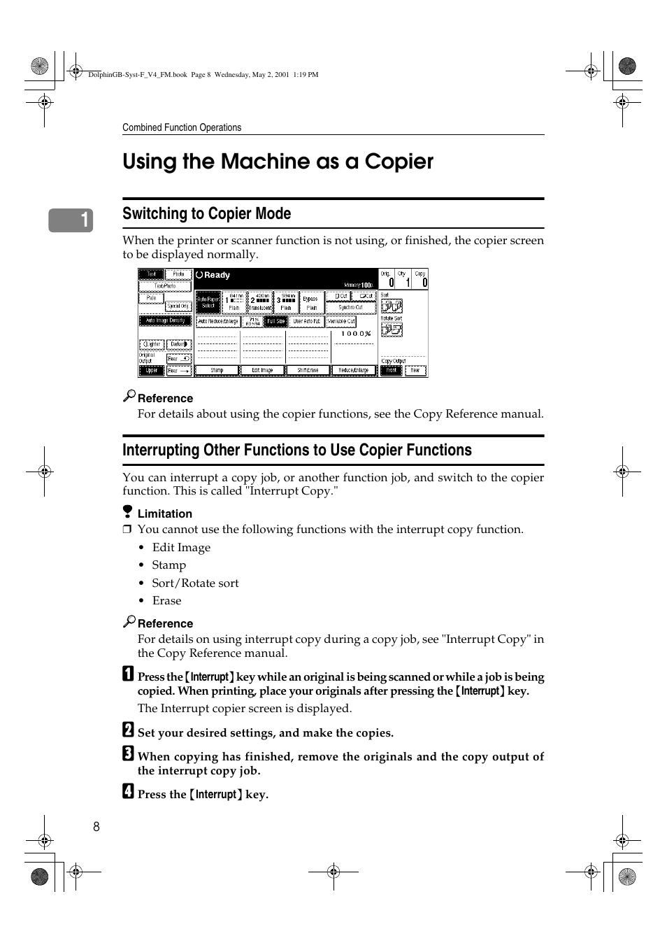 Using the machine as a copier, 1using the machine as a copier, Switching to copier mode | Savin 4700WD User Manual | Page 20 / 42