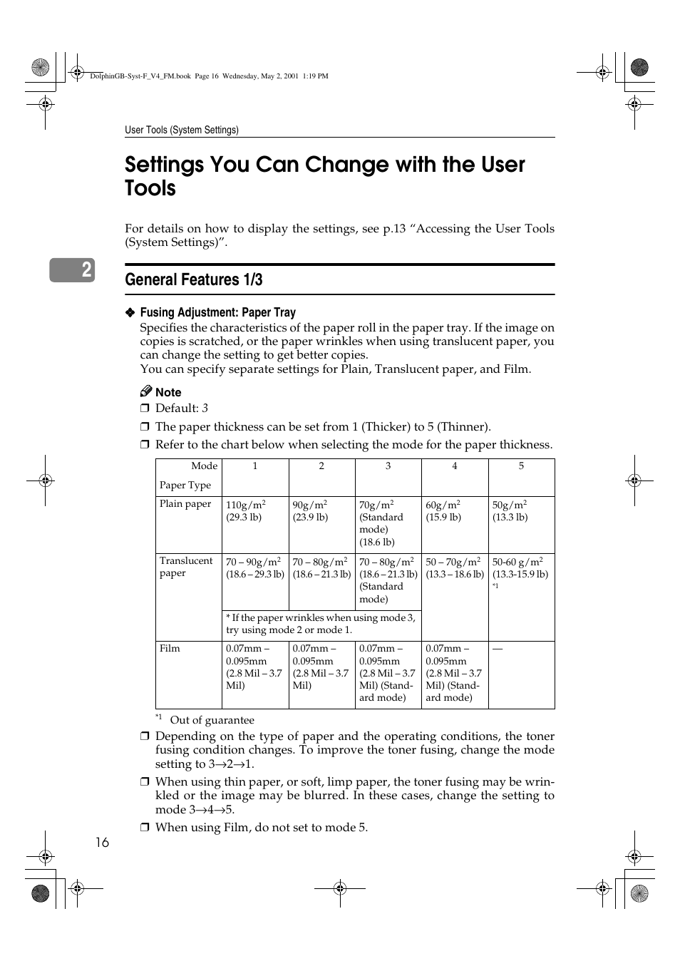 Settings you can change with the user tools, 2settings you can change with the user tools, General features 1/3 | Savin 4700WD User Manual | Page 28 / 42