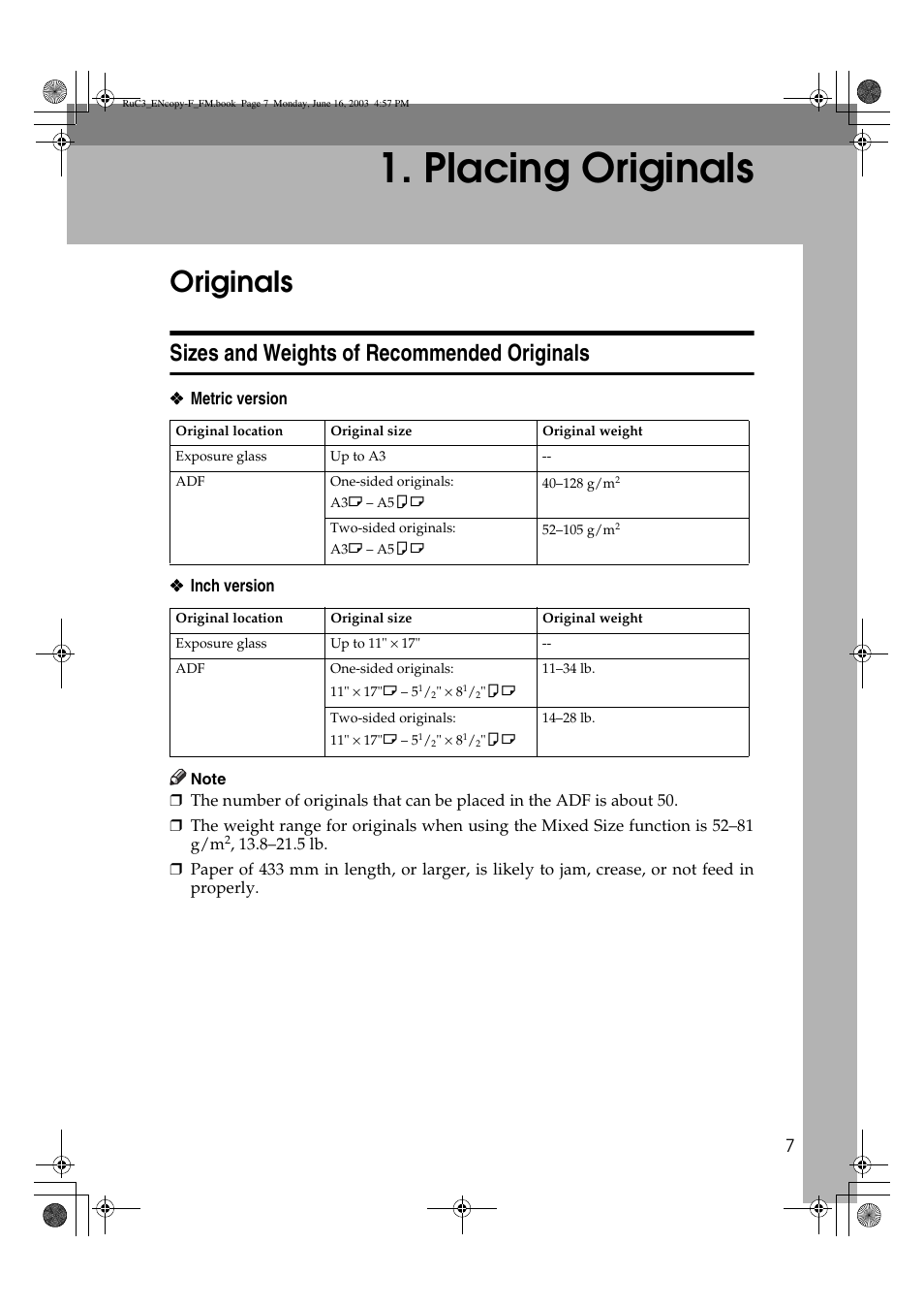 Placing originals, Originals, Sizes and weights of recommended originals | Savin 4027 User Manual | Page 17 / 132